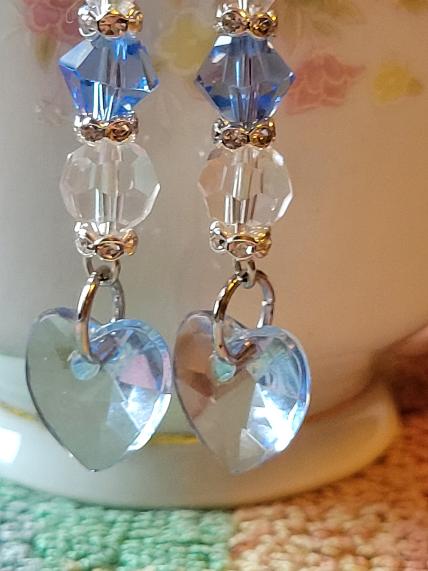 Artisan Elegant BLUE HEART Crystal Dangle Drop Earrings French Wire