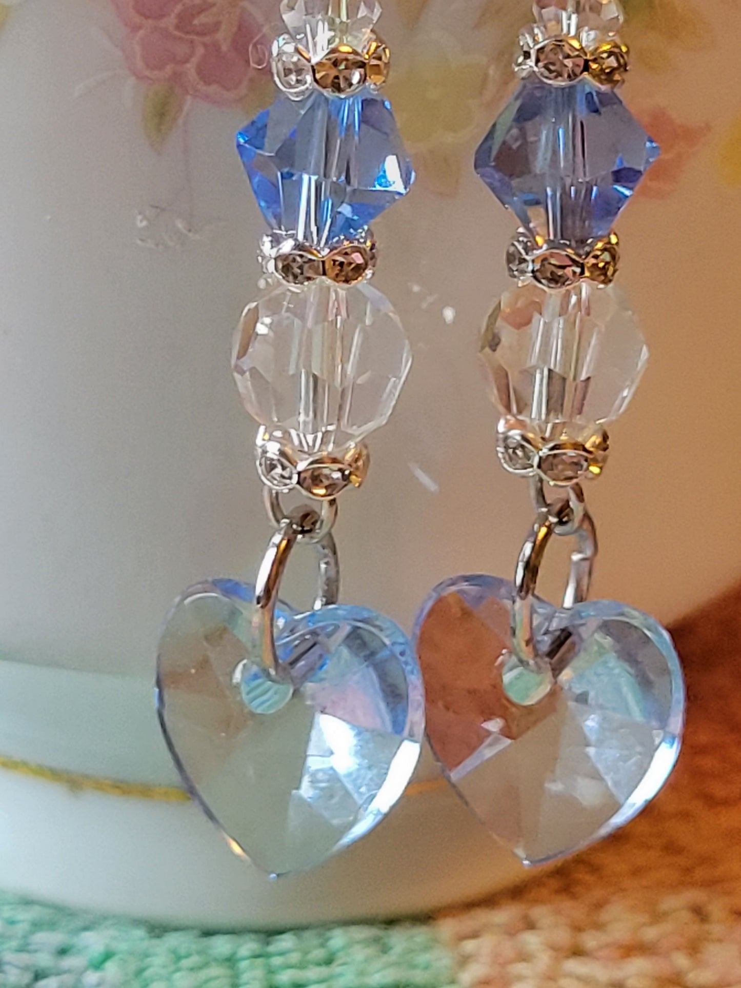 Artisan Elegant BLUE HEART Crystal Dangle Drop Earrings French Wire