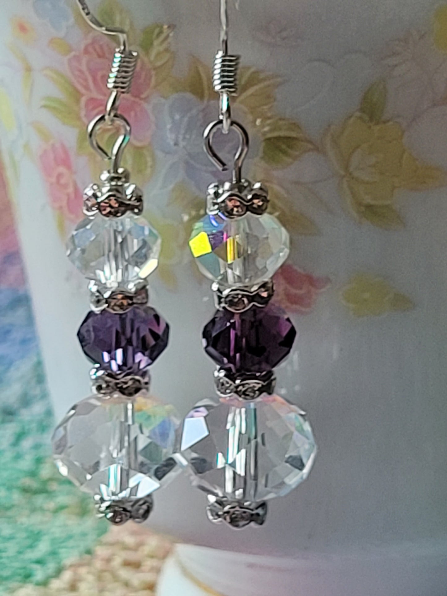 Artisan Elegant Hint Of Purple Crystal Dangle Drop Silver Earrings French Wire