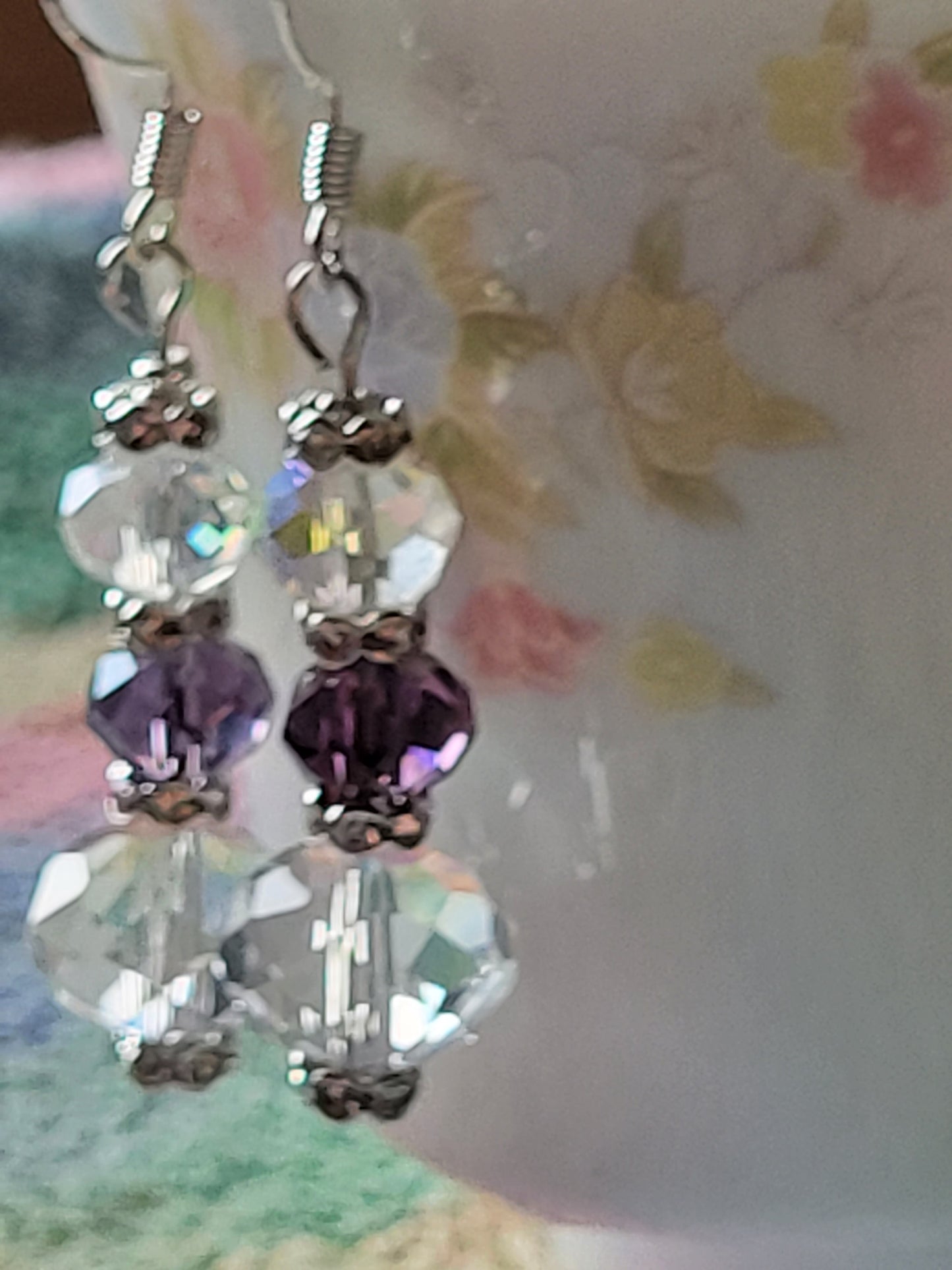 Artisan Elegant Hint Of Purple Crystal Dangle Drop Silver Earrings French Wire