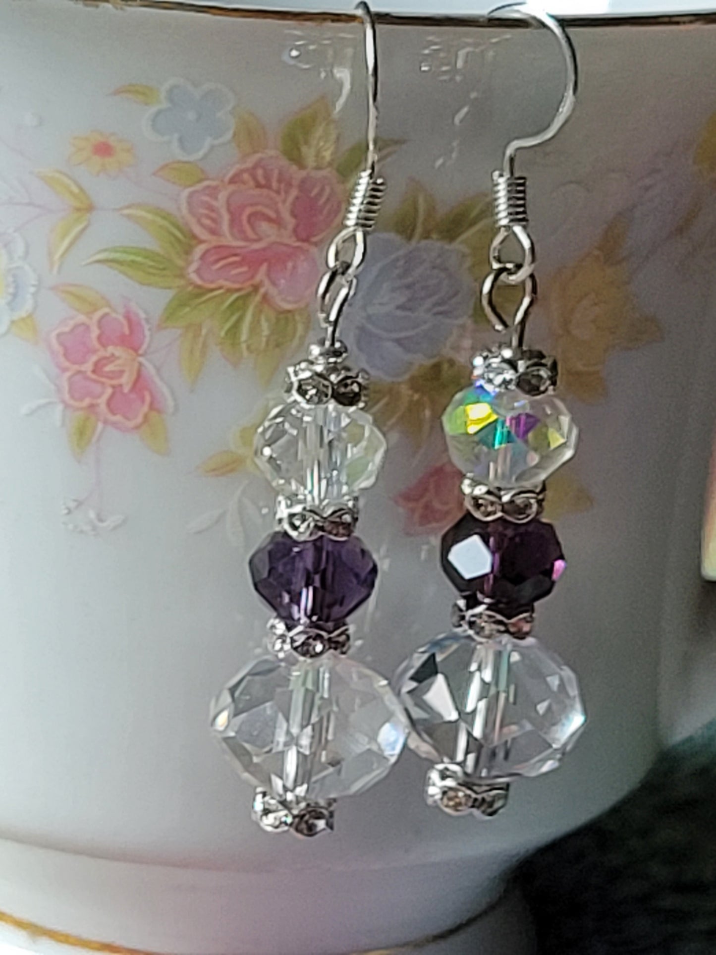 Artisan Elegant Hint Of Purple Crystal Dangle Drop Silver Earrings French Wire