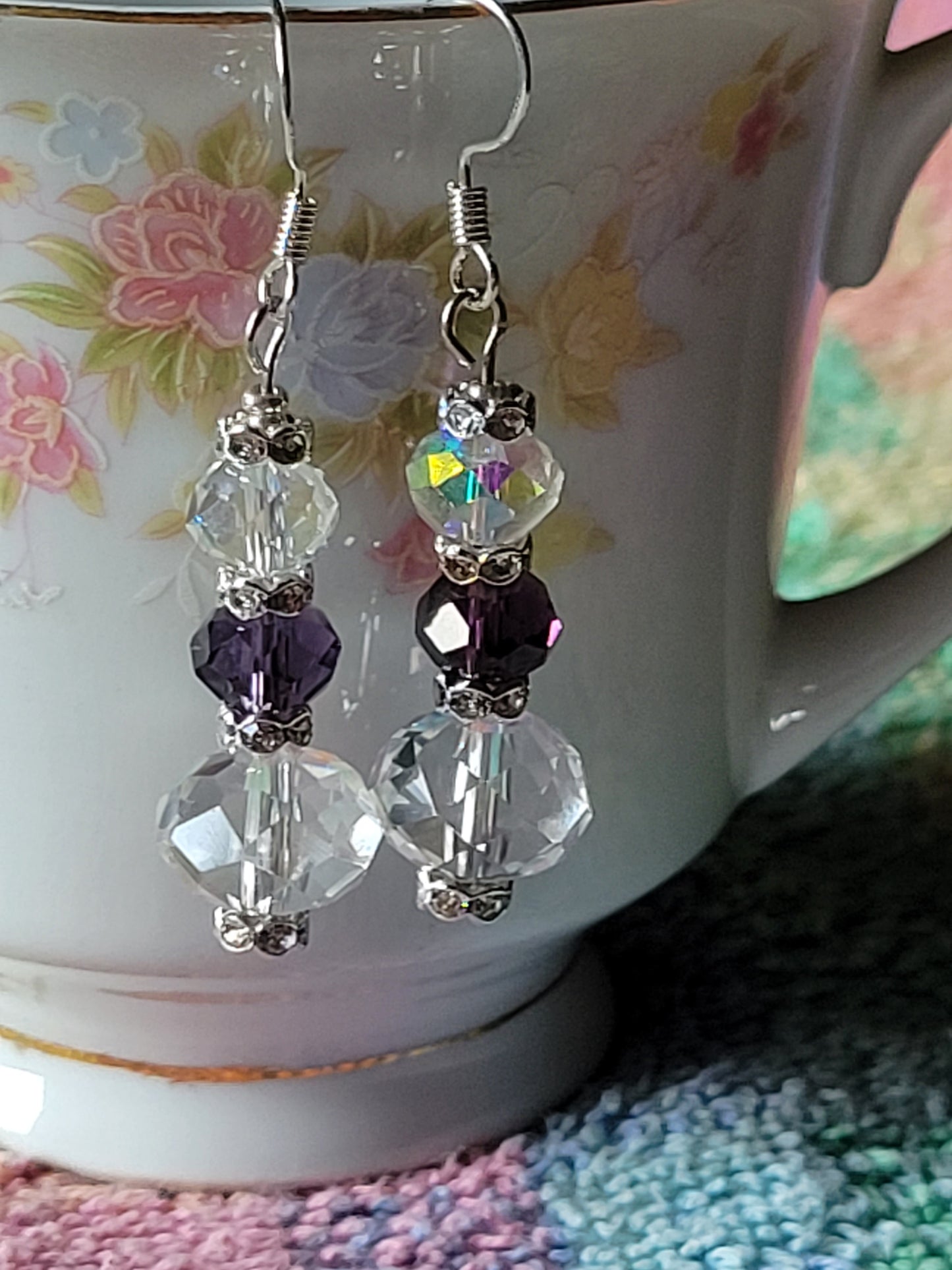 Artisan Elegant Hint Of Purple Crystal Dangle Drop Silver Earrings French Wire