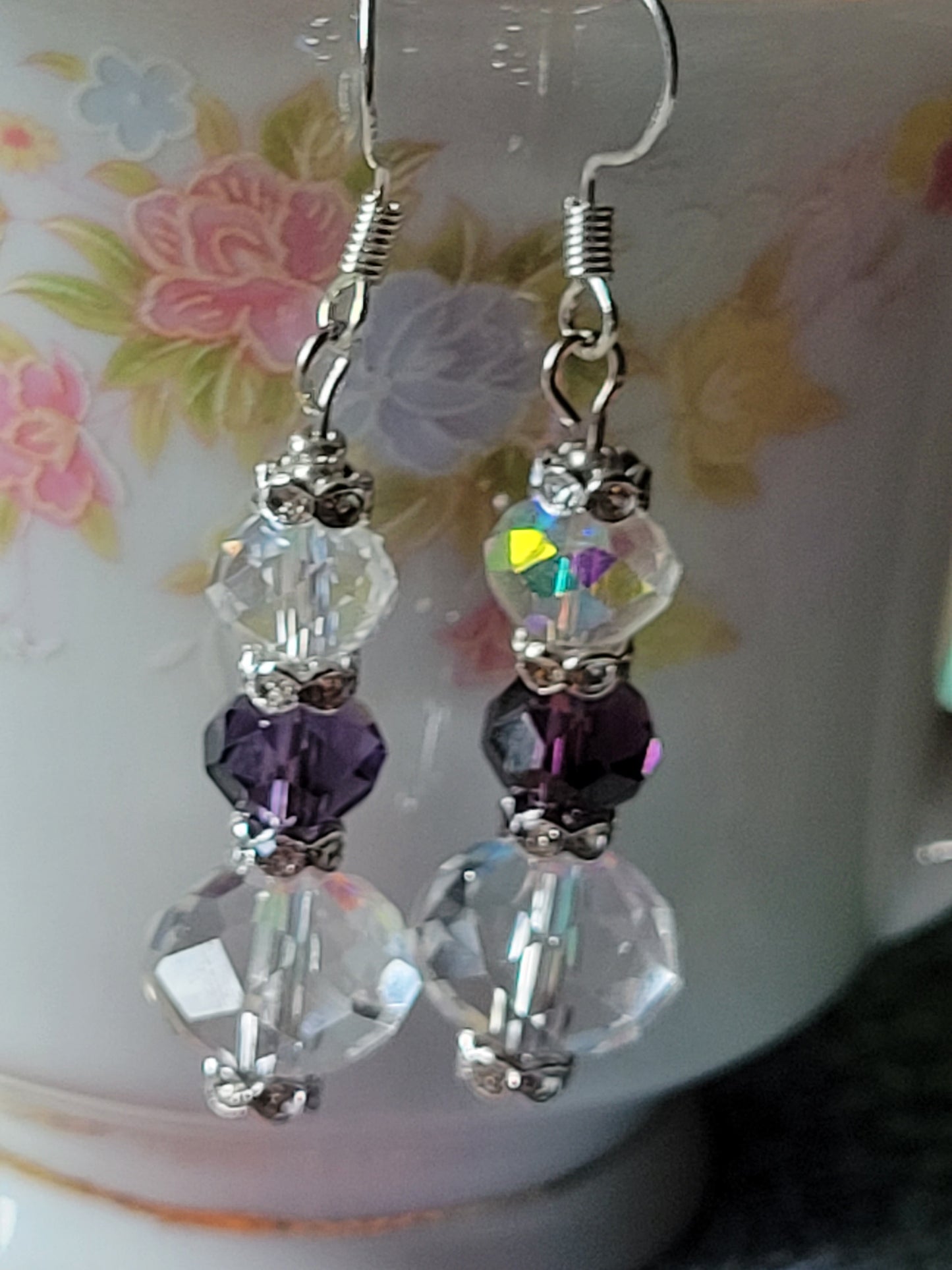 Artisan Elegant Hint Of Purple Crystal Dangle Drop Silver Earrings French Wire