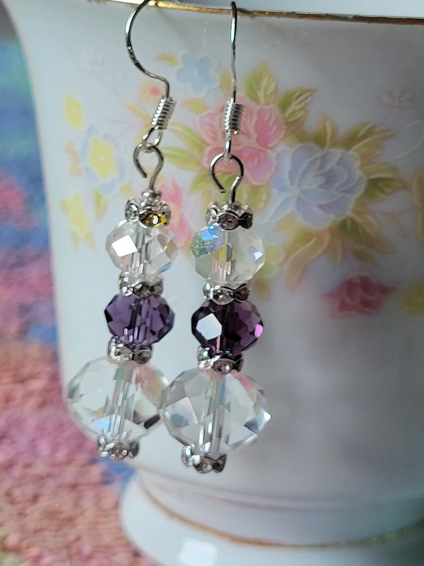 Artisan Elegant Hint Of Purple Crystal Dangle Drop Silver Earrings French Wire