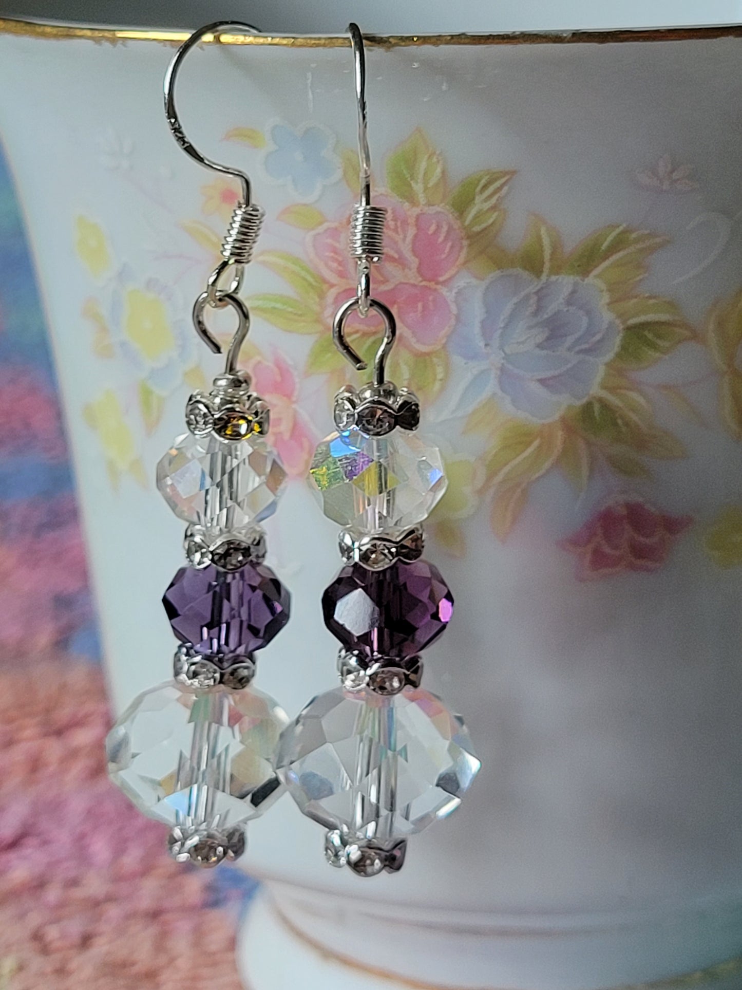 Artisan Elegant Hint Of Purple Crystal Dangle Drop Silver Earrings French Wire