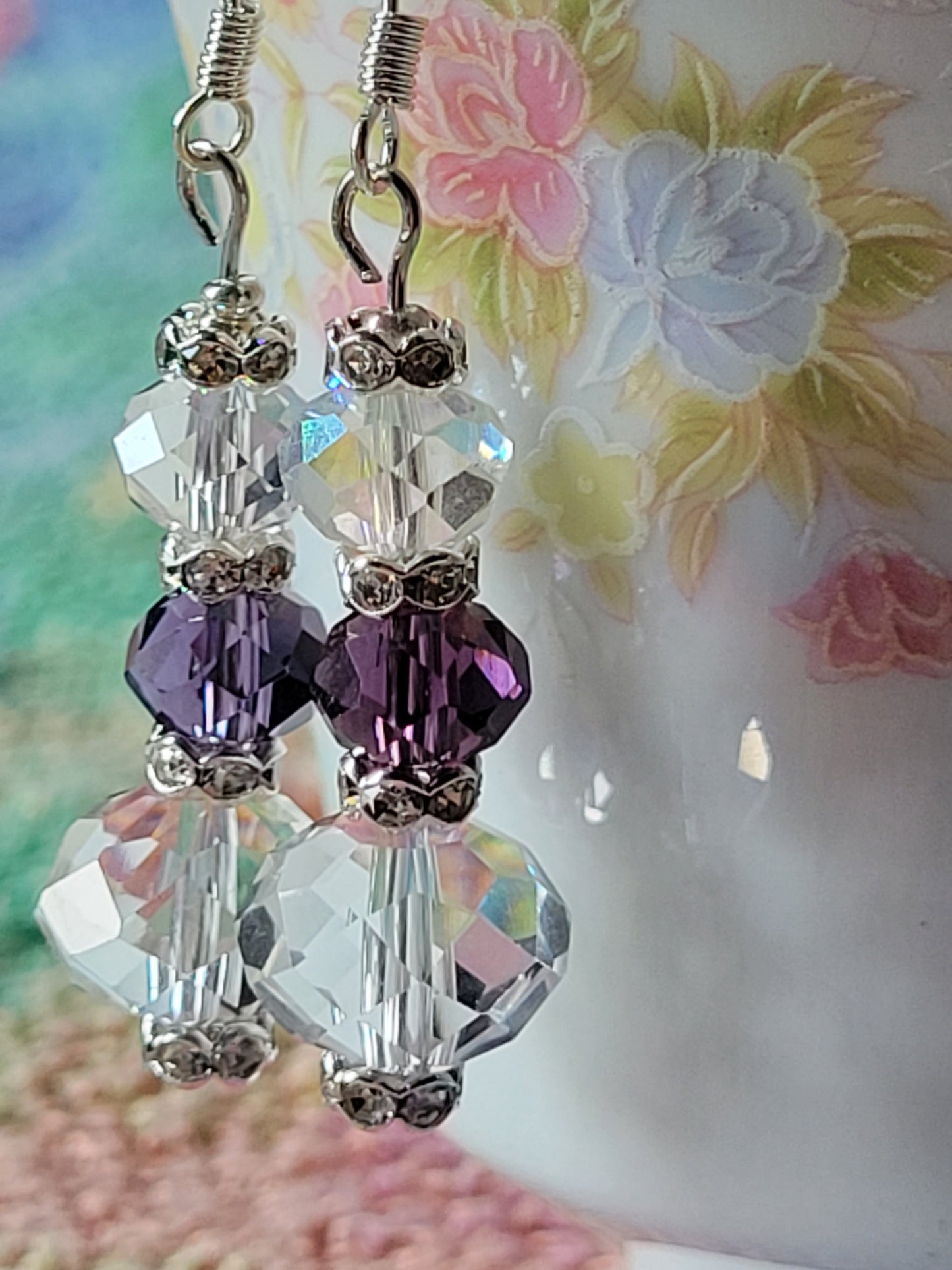 Artisan Elegant Hint Of Purple Crystal Dangle Drop Silver Earrings French Wire