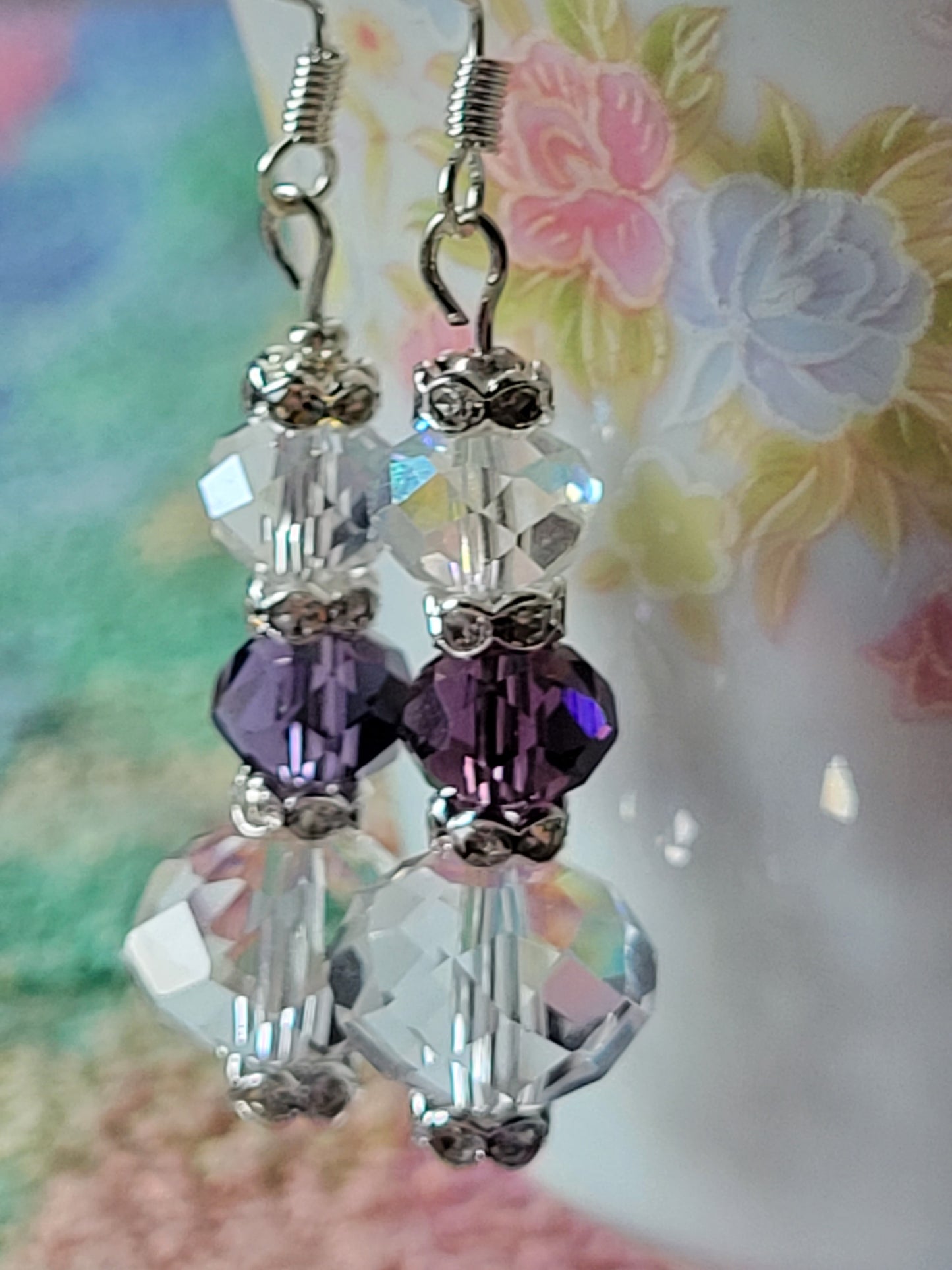 Artisan Elegant Hint Of Purple Crystal Dangle Drop Silver Earrings French Wire