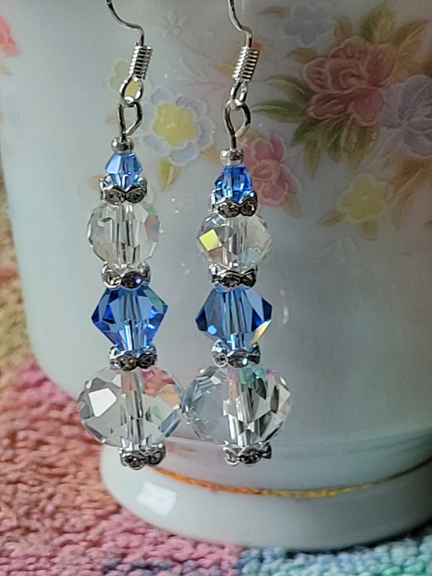 Artisan Elegant Hint Of Blue Crystal Dangle Drop Silver Earrings French Wire