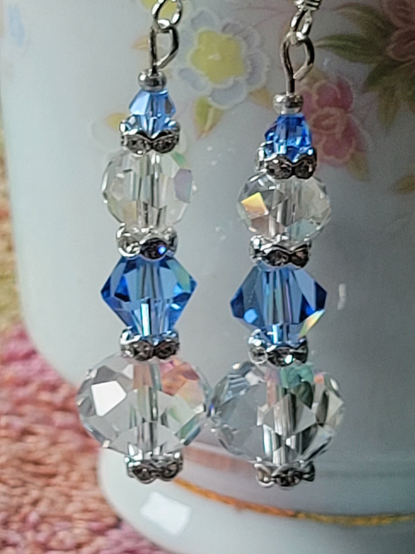 Artisan Elegant Hint Of Blue Crystal Dangle Drop Silver Earrings French Wire