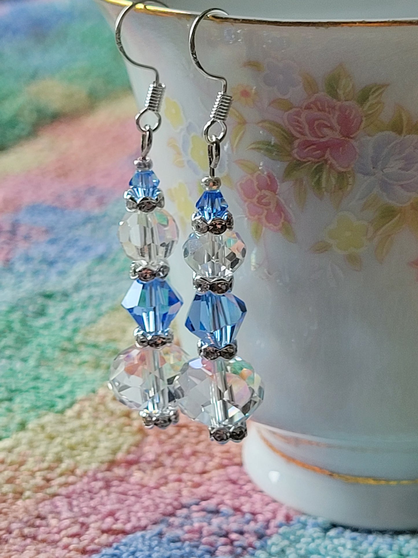 Artisan Elegant Hint Of Blue Crystal Dangle Drop Silver Earrings French Wire