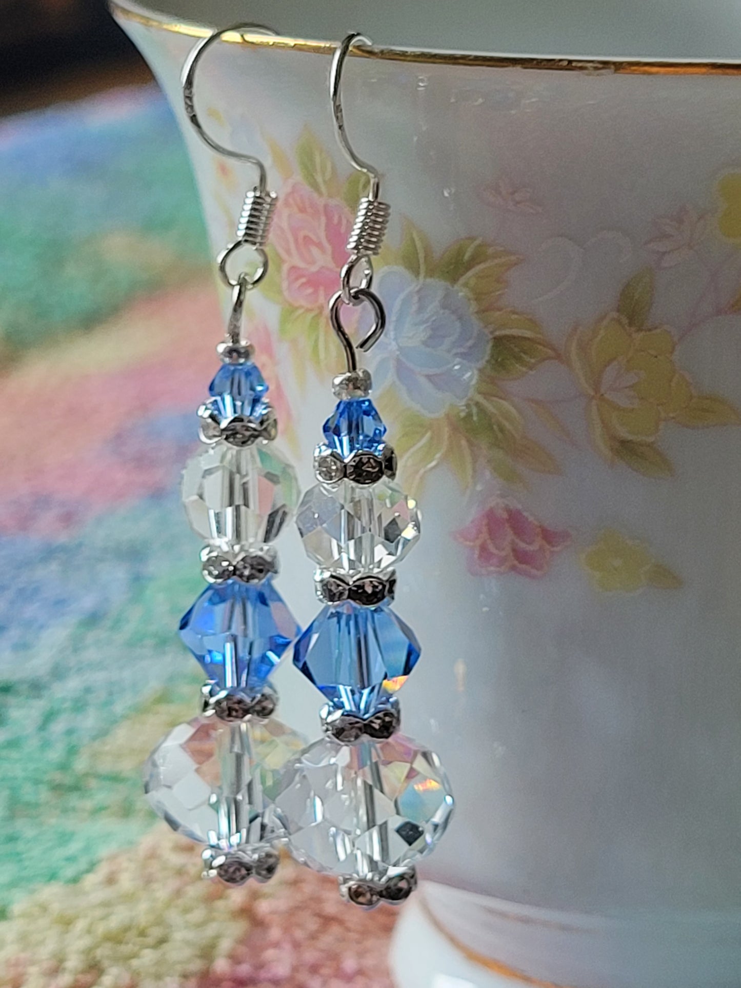Artisan Elegant Hint Of Blue Crystal Dangle Drop Silver Earrings French Wire