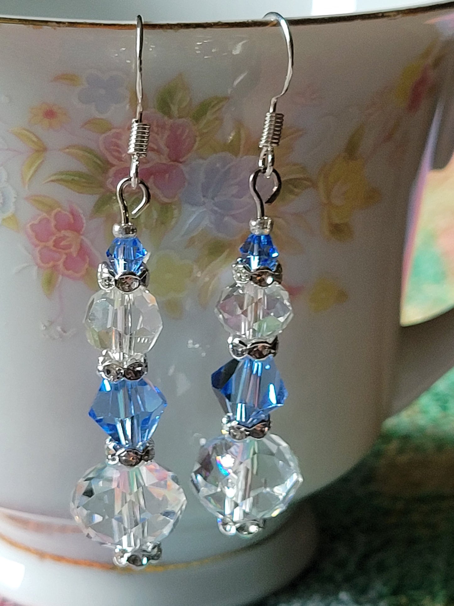 Artisan Elegant Hint Of Blue Crystal Dangle Drop Silver Earrings French Wire