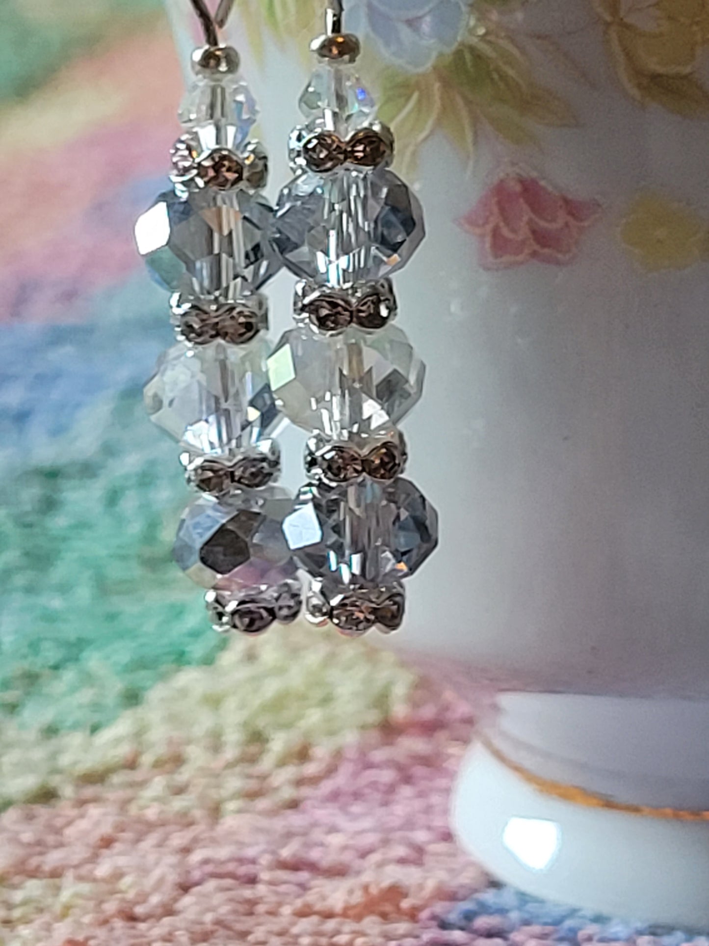 Artisan Elegant Hint Of Gray Crystal Dangle Drop Silver Earrings French Wire