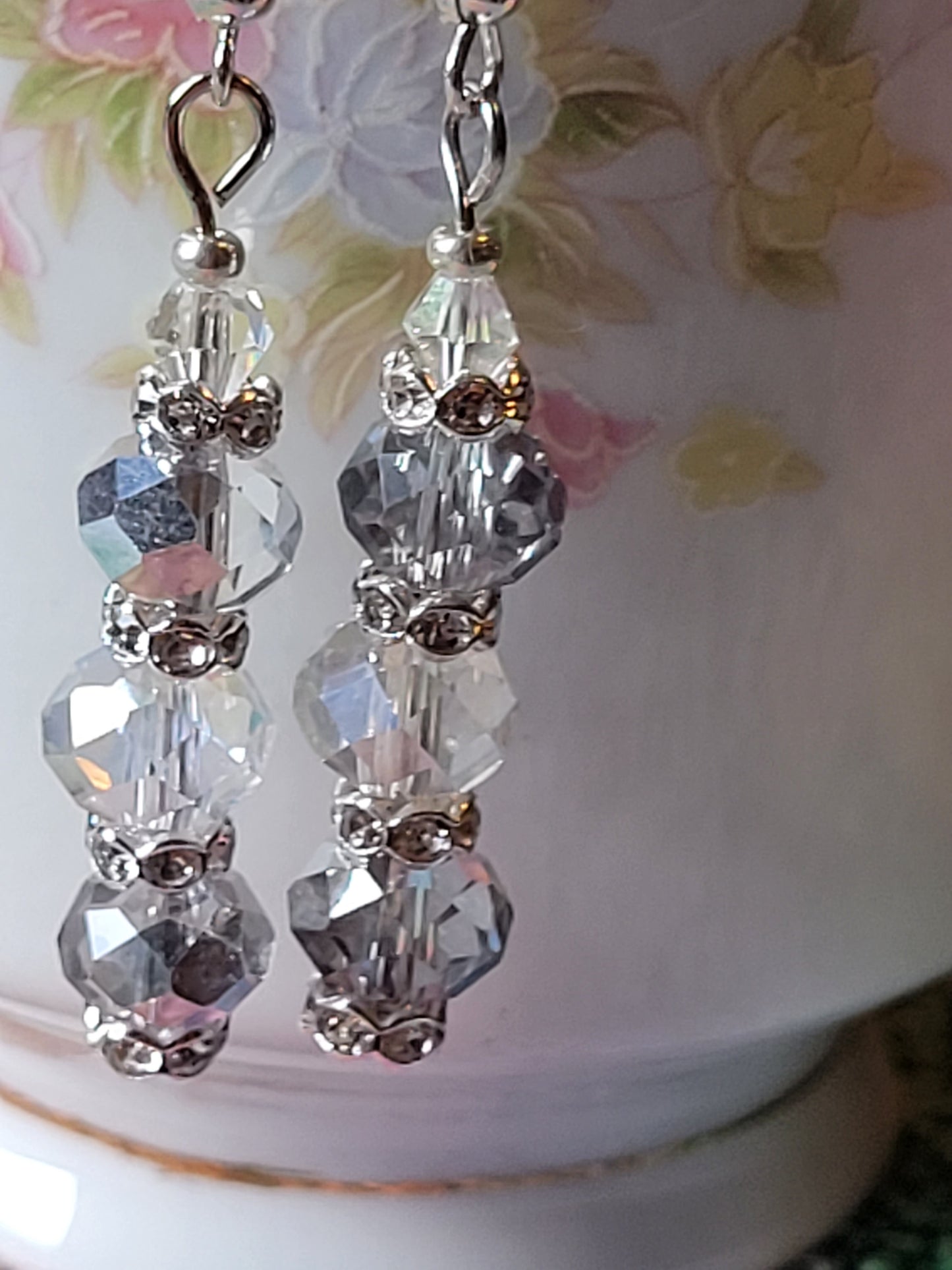 Artisan Elegant Hint Of Gray Crystal Dangle Drop Silver Earrings French Wire