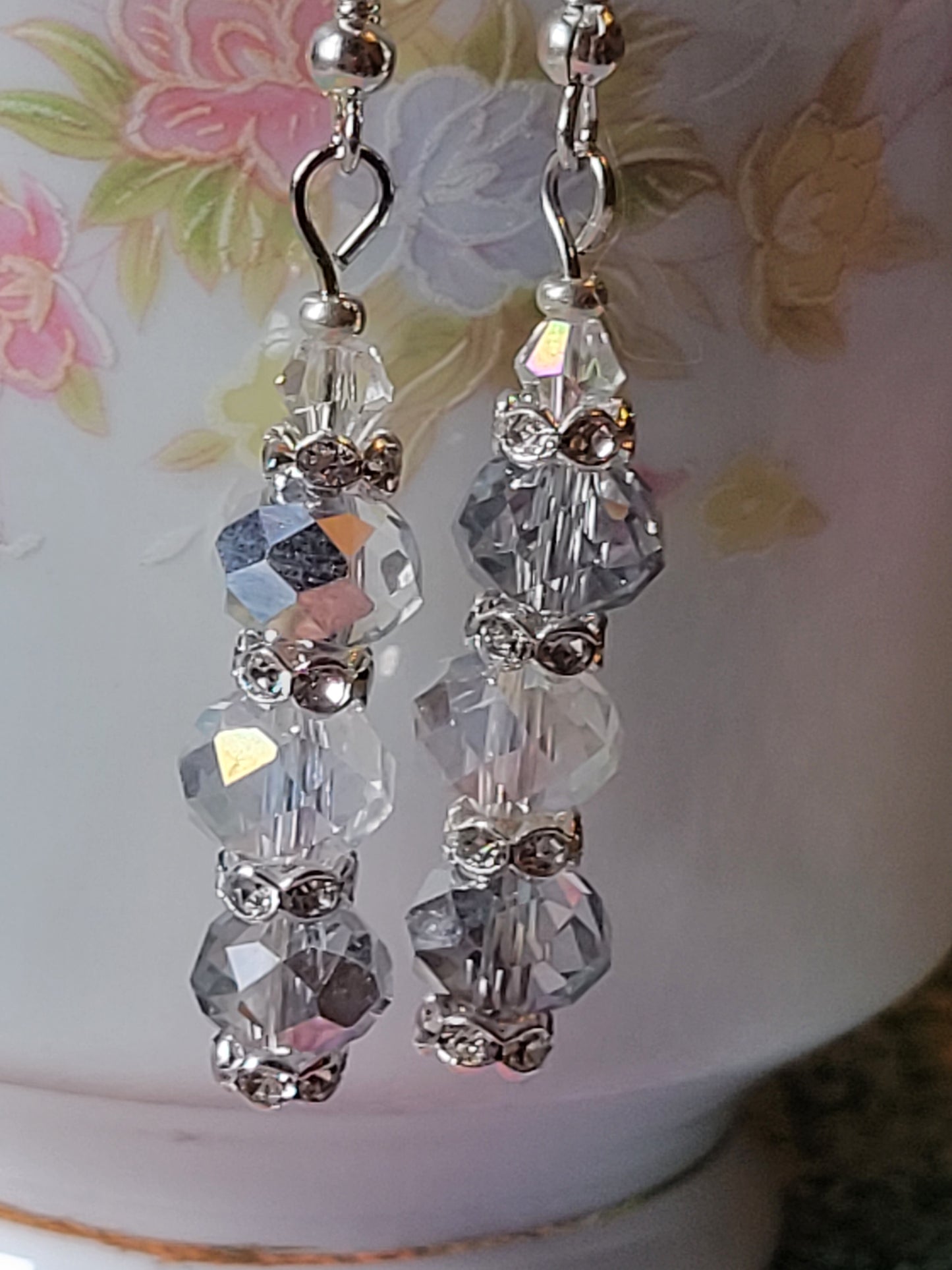 Artisan Elegant Hint Of Gray Crystal Dangle Drop Silver Earrings French Wire