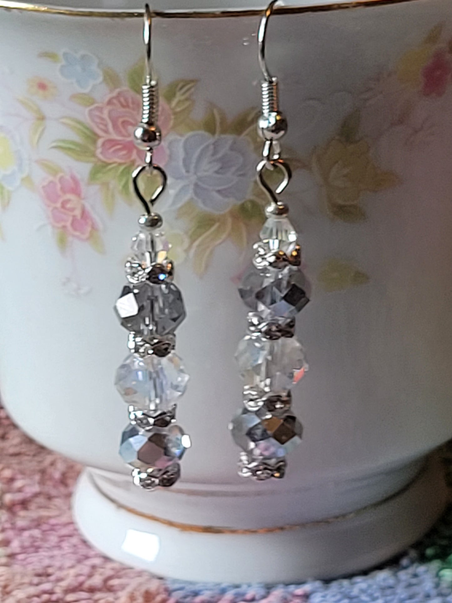 Artisan Elegant Hint Of Gray Crystal Dangle Drop Silver Earrings French Wire