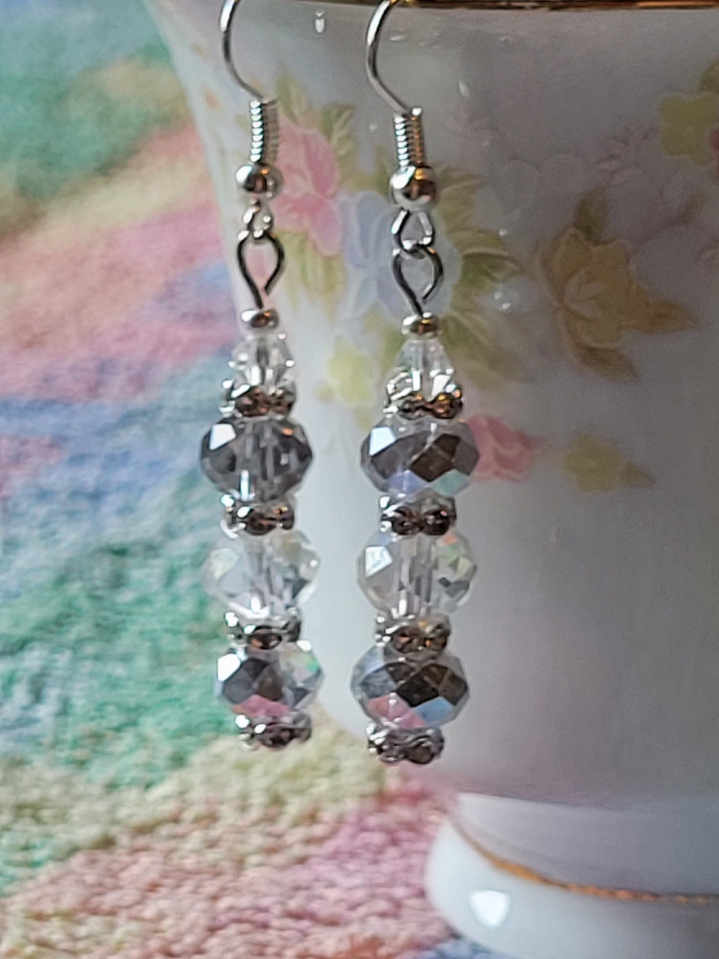 Artisan Elegant Hint Of Gray Crystal Dangle Drop Silver Earrings French Wire