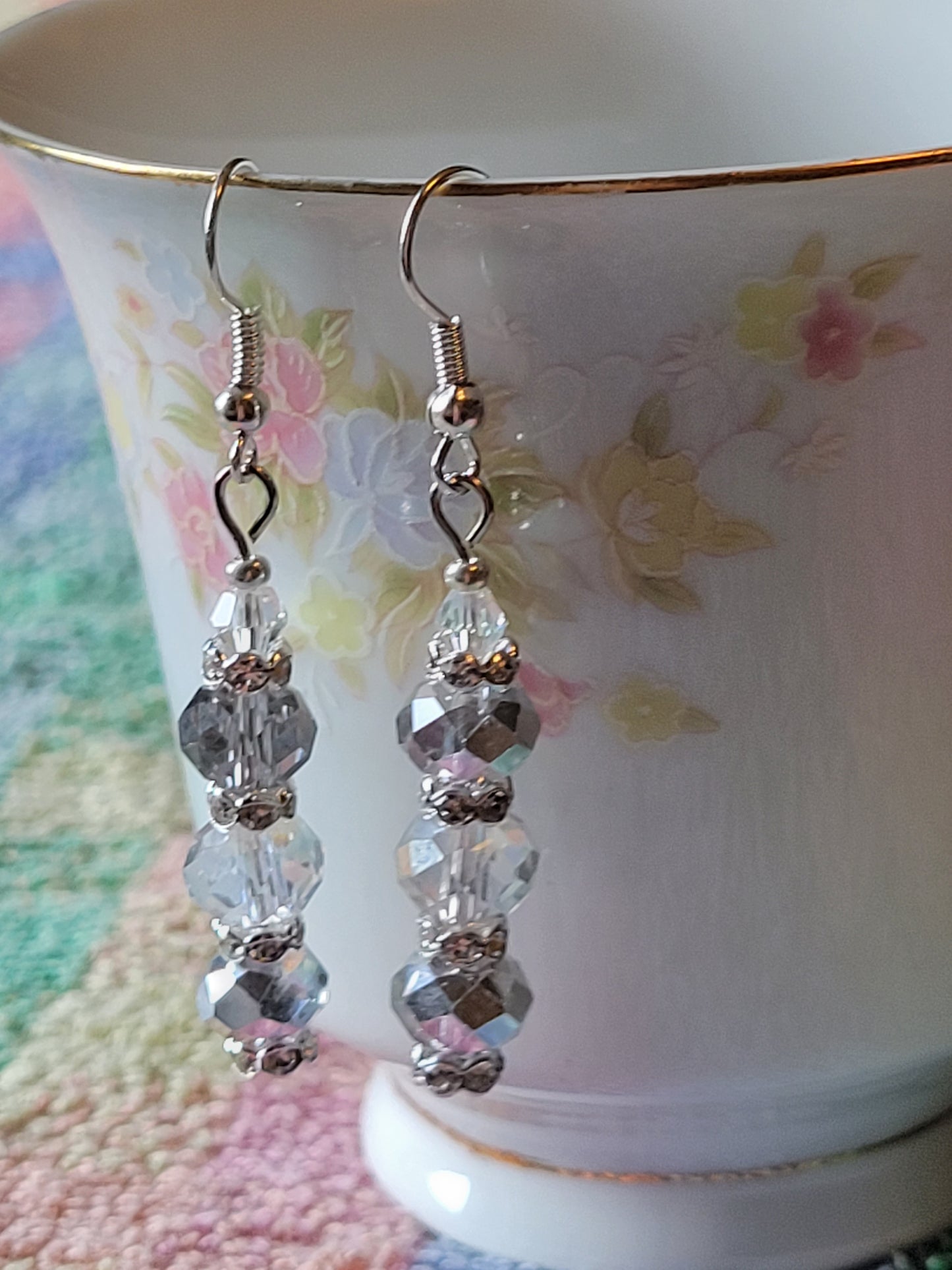 Artisan Elegant Hint Of Gray Crystal Dangle Drop Silver Earrings French Wire