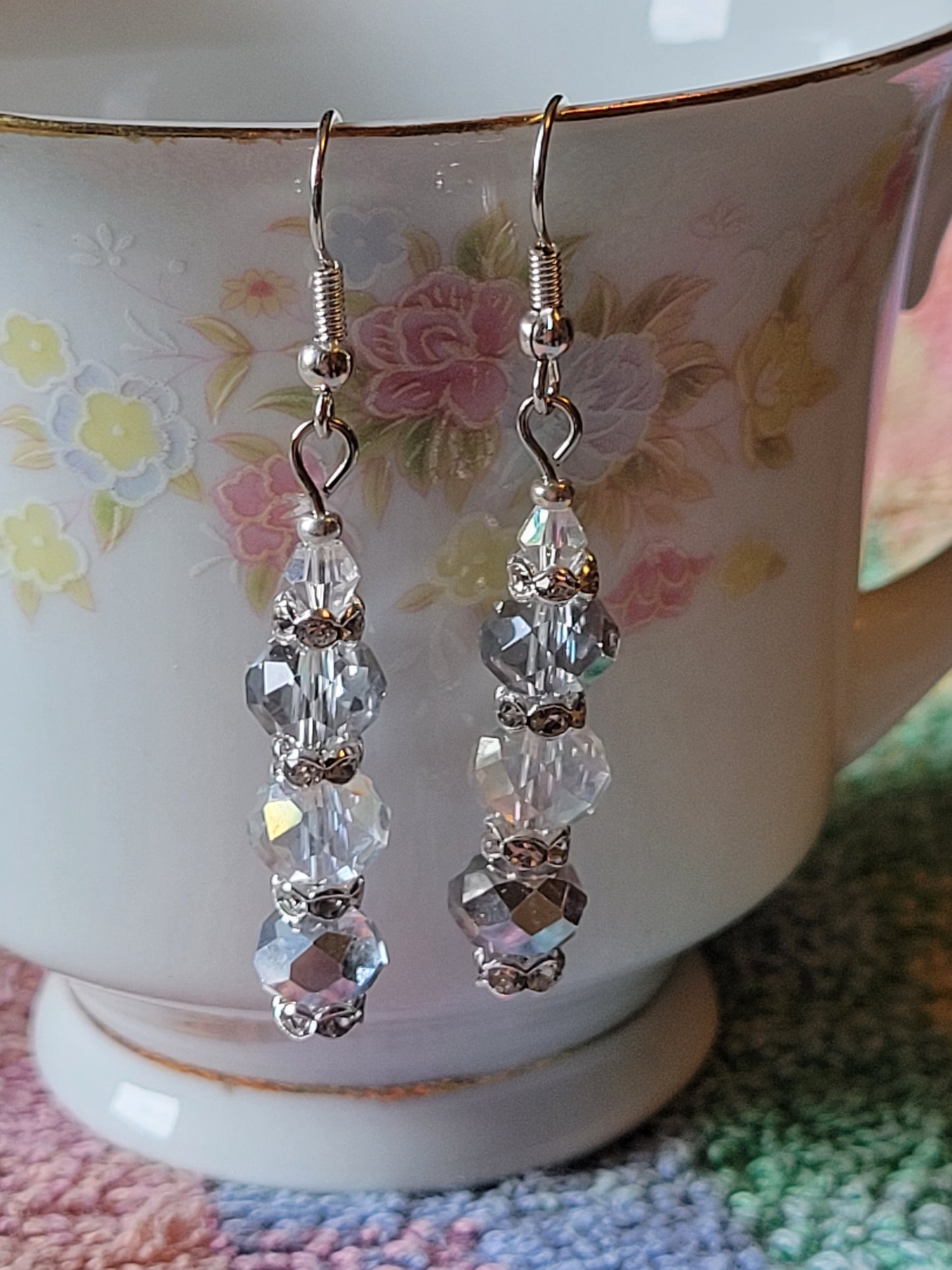 Artisan Elegant Hint Of Gray Crystal Dangle Drop Silver Earrings French Wire