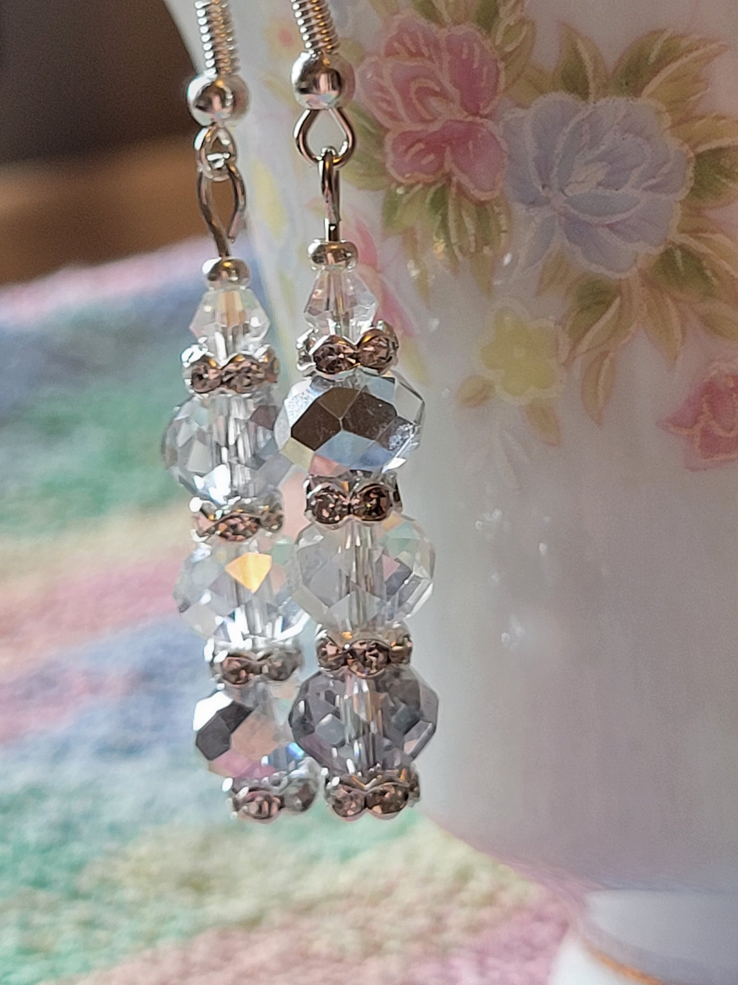 Artisan Elegant Hint Of Gray Crystal Dangle Drop Silver Earrings French Wire