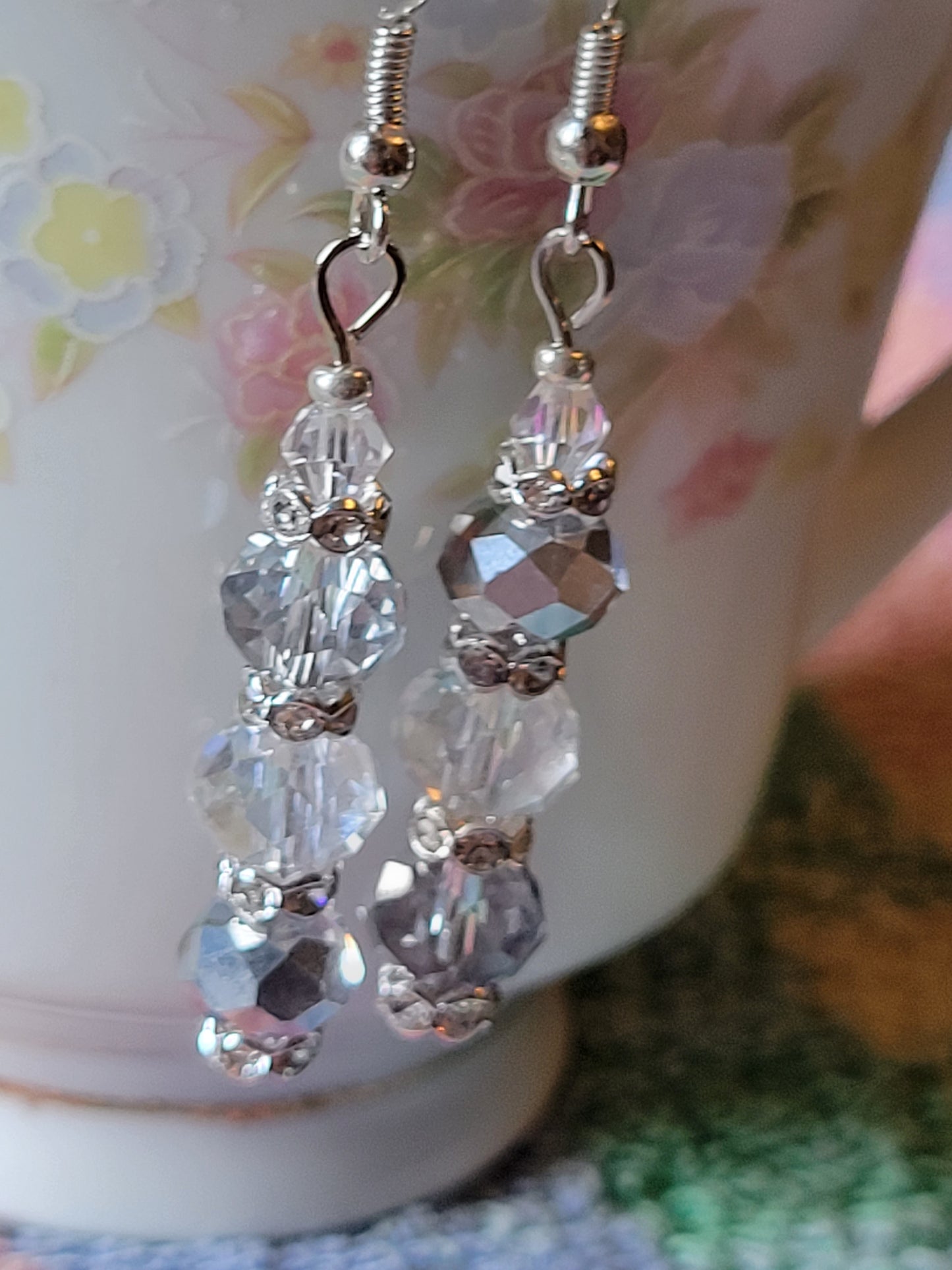 Artisan Elegant Hint Of Gray Crystal Dangle Drop Silver Earrings French Wire
