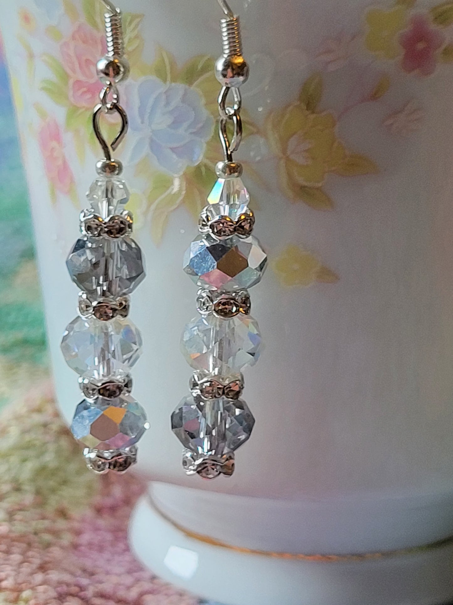 Artisan Elegant Hint Of Gray Crystal Dangle Drop Silver Earrings French Wire