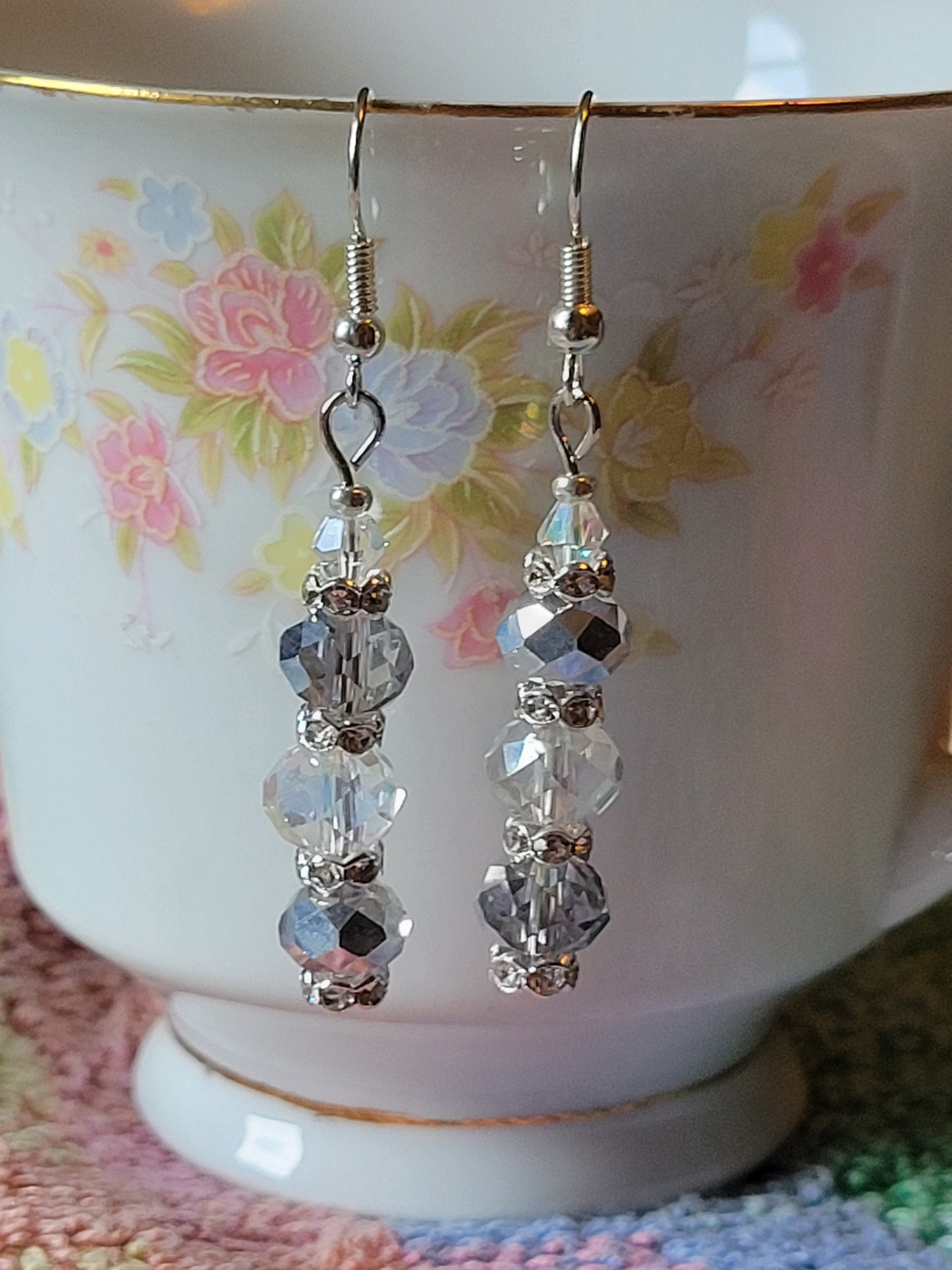 Artisan Elegant Hint Of Gray Crystal Dangle Drop Silver Earrings French Wire