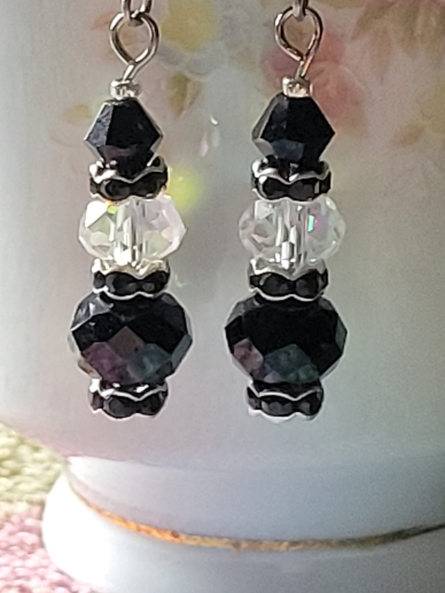 Artisan EXOTIC Black Crystal Dangle Drop Silver Earrings French Wire