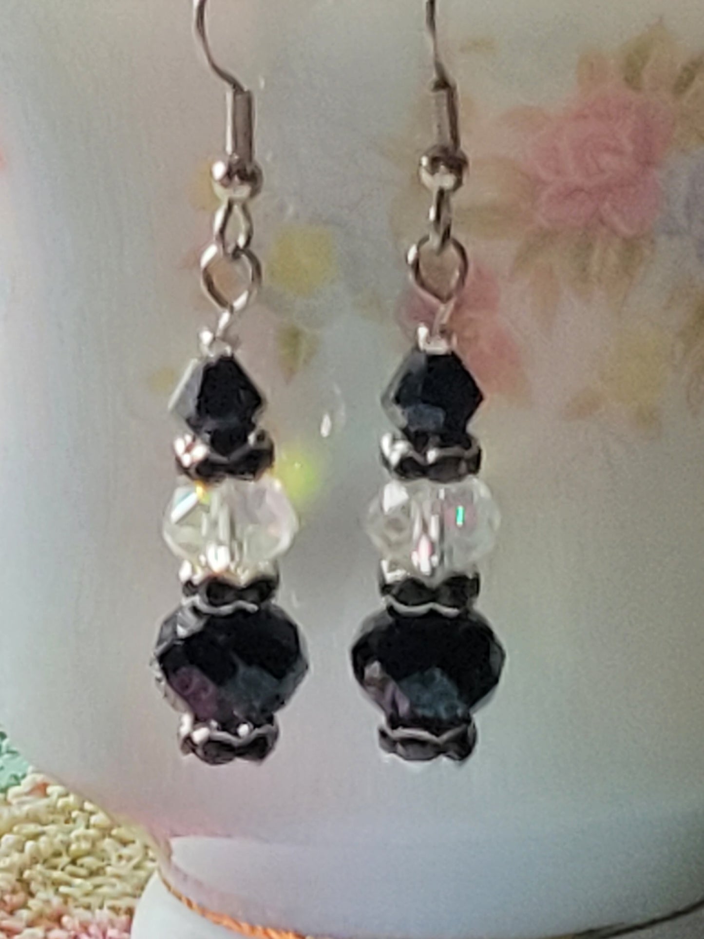 Artisan EXOTIC Black Crystal Dangle Drop Silver Earrings French Wire