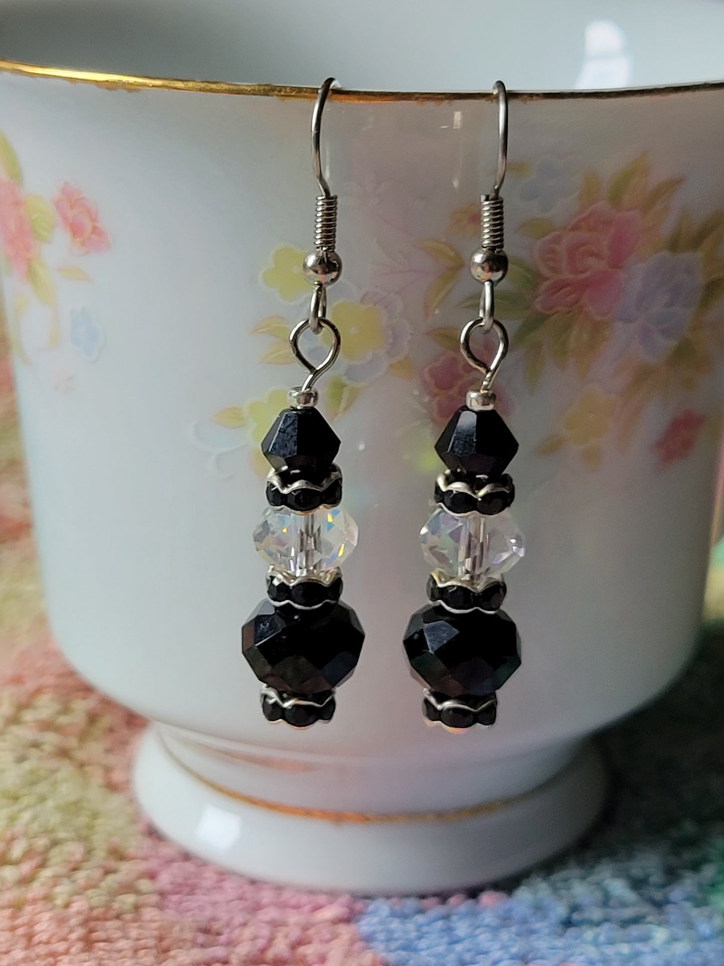 Artisan EXOTIC Black Crystal Dangle Drop Silver Earrings French Wire