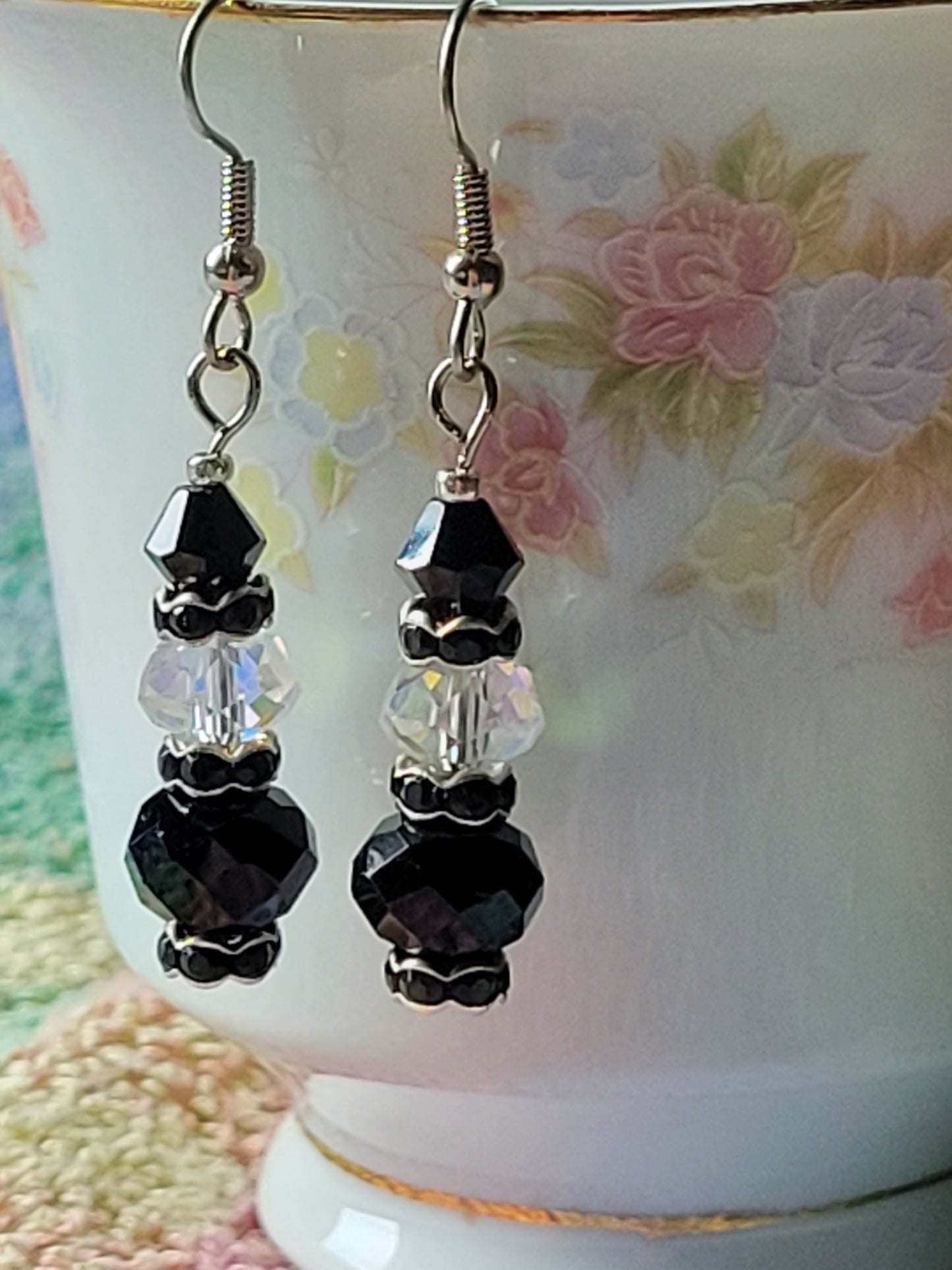 Artisan EXOTIC Black Crystal Dangle Drop Silver Earrings French Wire