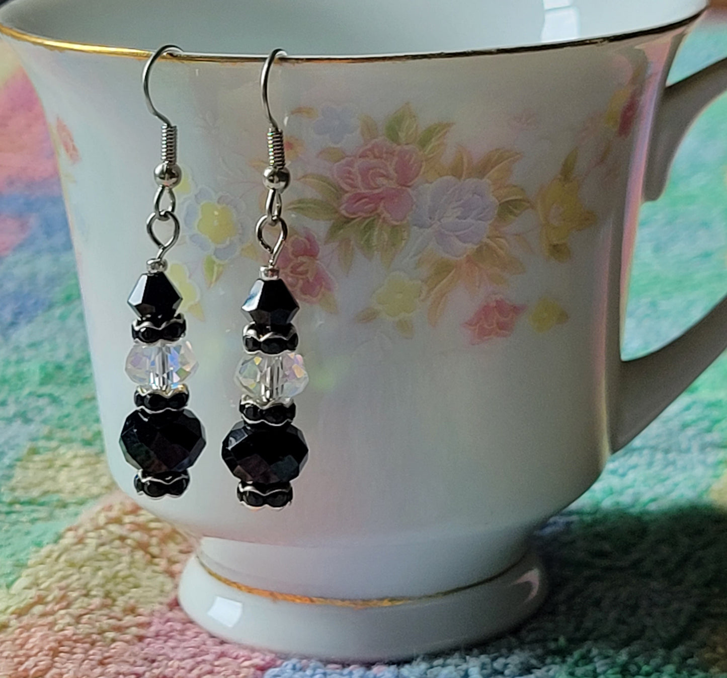 Artisan EXOTIC Black Crystal Dangle Drop Silver Earrings French Wire