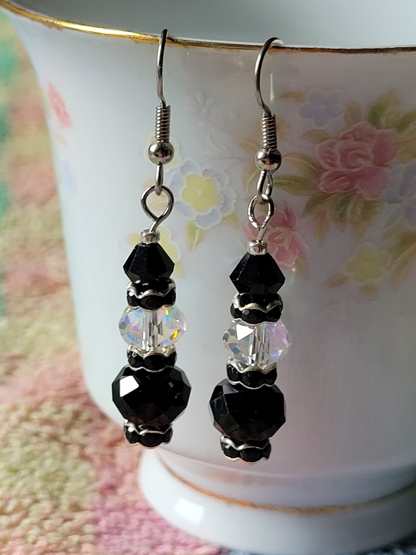 Artisan EXOTIC Black Crystal Dangle Drop Silver Earrings French Wire