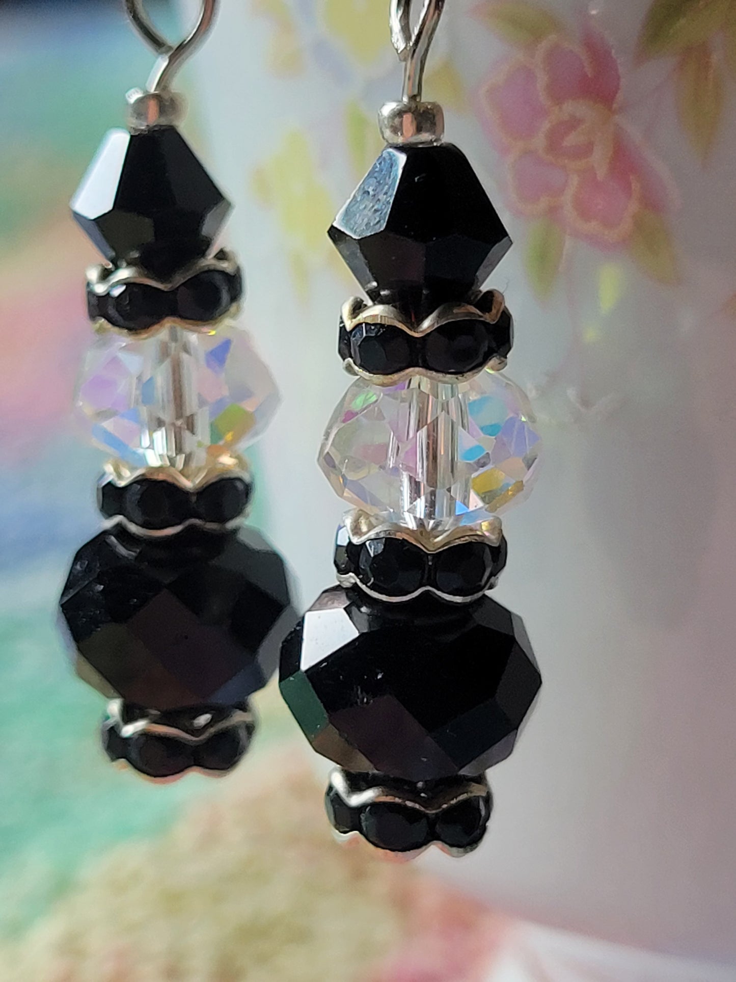 Artisan EXOTIC Black Crystal Dangle Drop Silver Earrings French Wire
