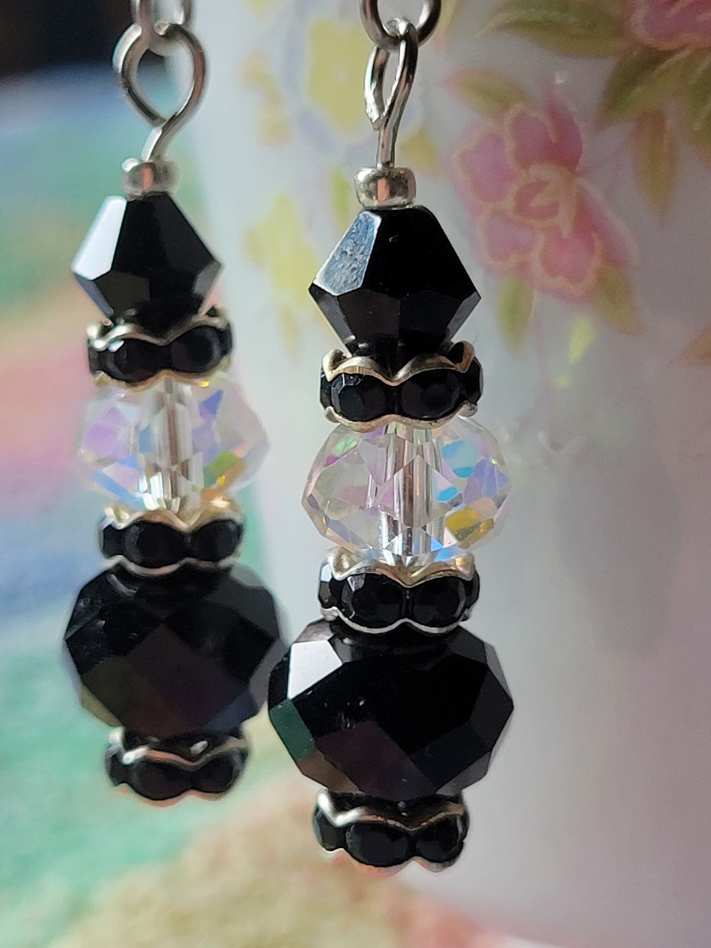 Artisan EXOTIC Black Crystal Dangle Drop Silver Earrings French Wire
