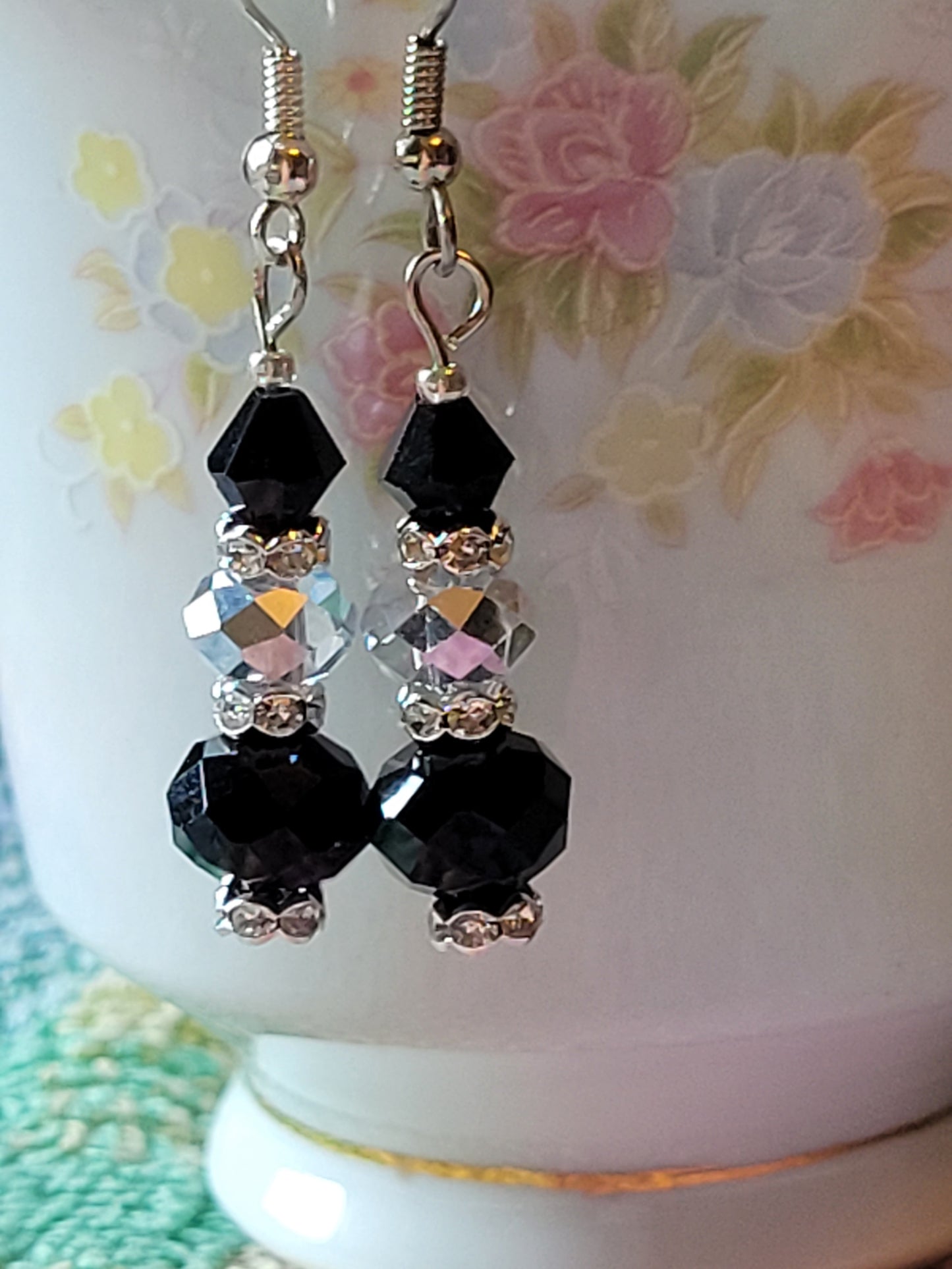 Artisan EXOTIC Black & Gray Crystal Dangle Drop Silver Earrings French Wire