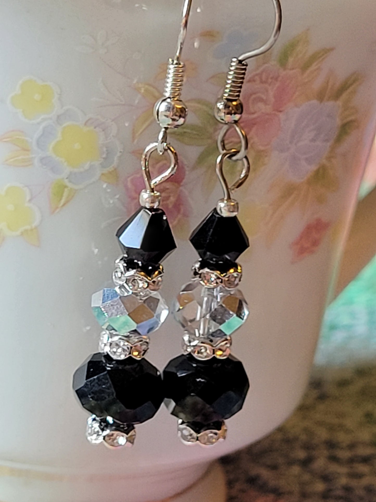 Artisan EXOTIC Black & Gray Crystal Dangle Drop Silver Earrings French Wire