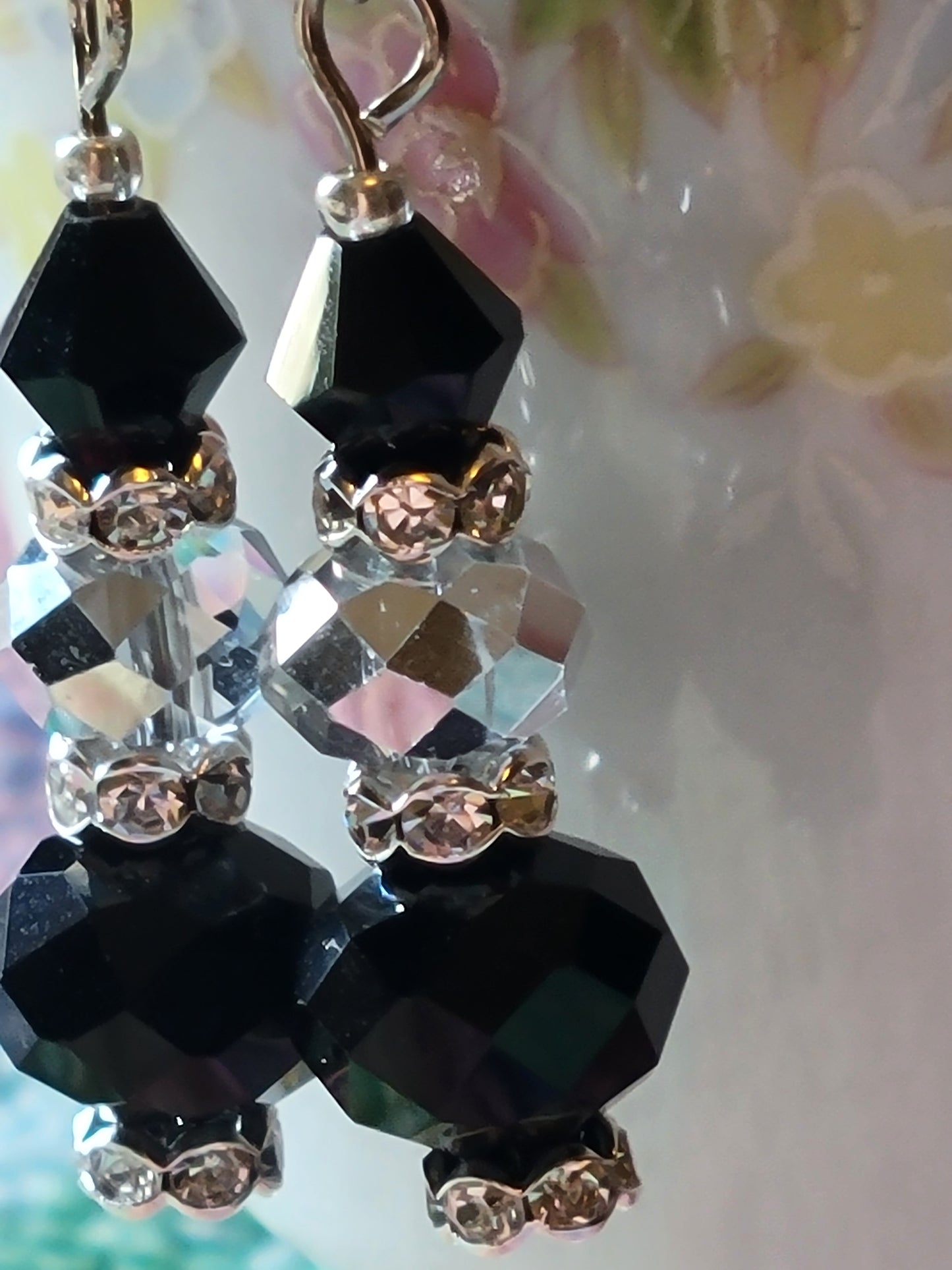 Artisan EXOTIC Black & Gray Crystal Dangle Drop Silver Earrings French Wire