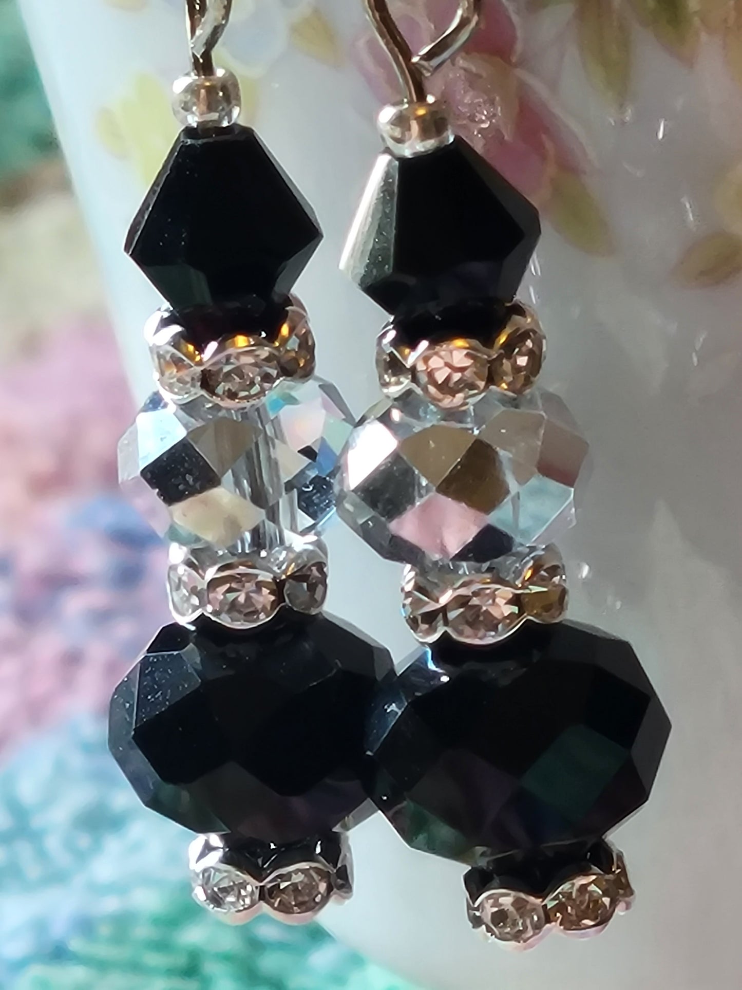 Artisan EXOTIC Black & Gray Crystal Dangle Drop Silver Earrings French Wire