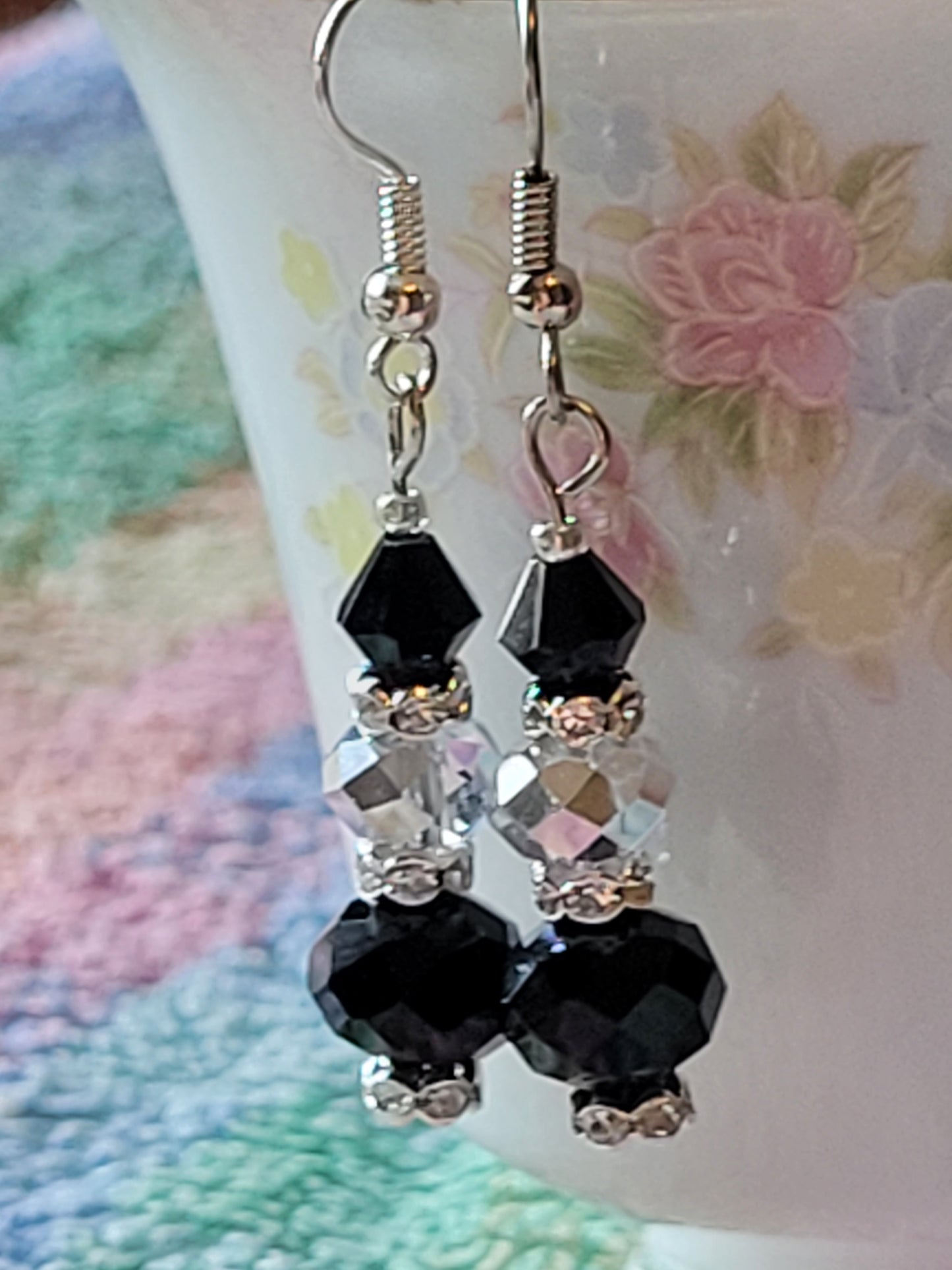 Artisan EXOTIC Black & Gray Crystal Dangle Drop Silver Earrings French Wire