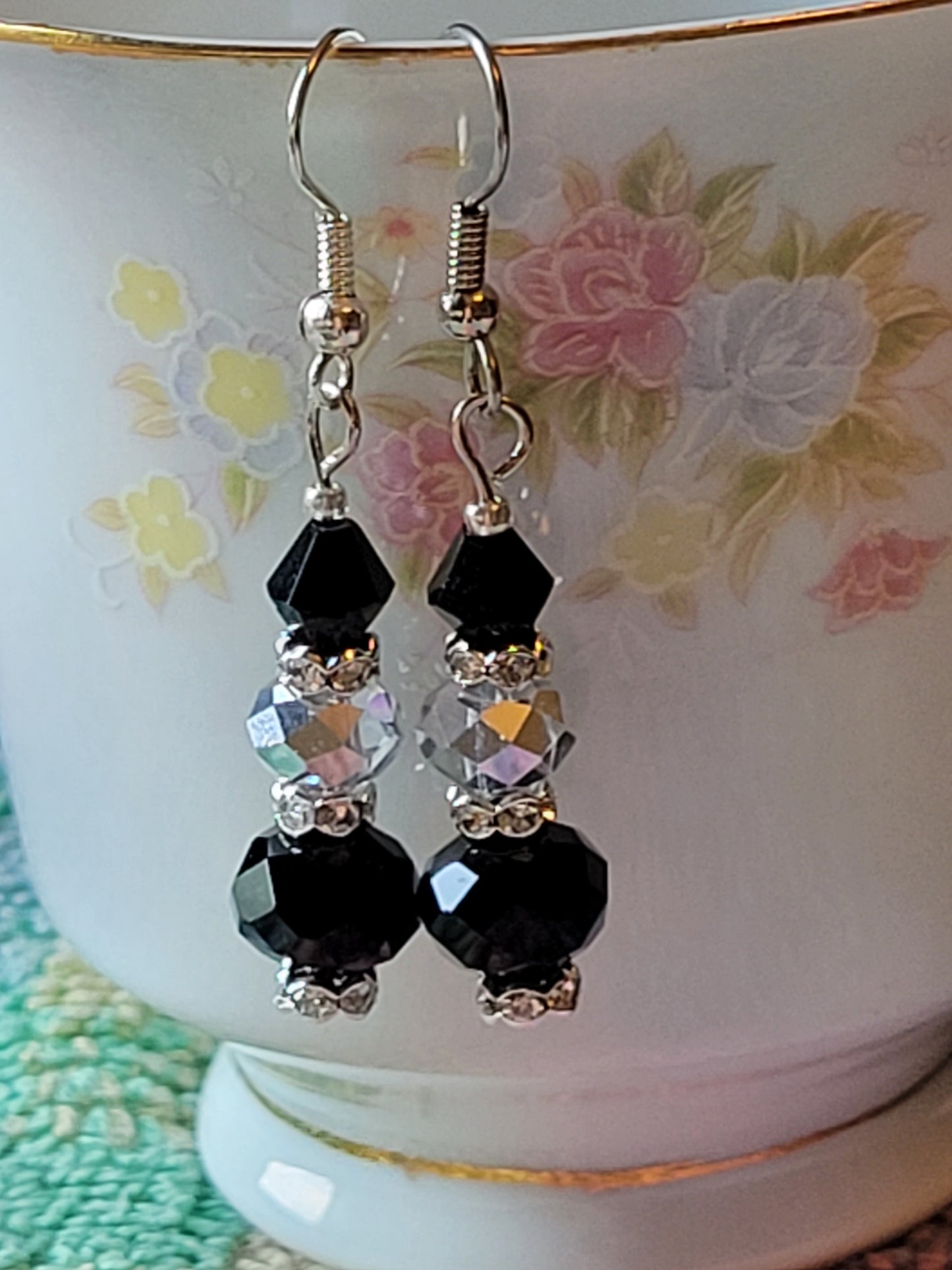 Artisan EXOTIC Black & Gray Crystal Dangle Drop Silver Earrings French Wire