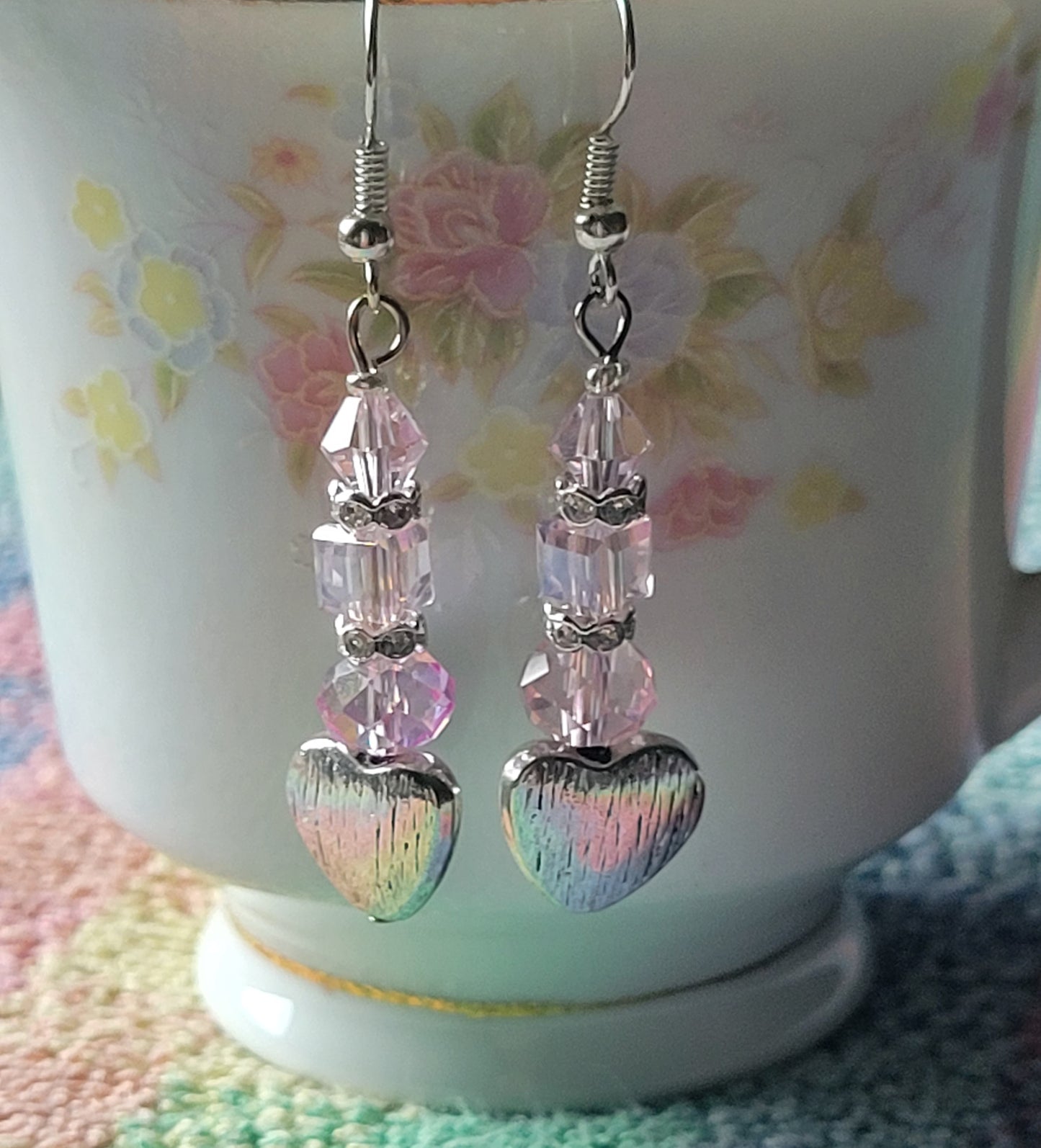 Artisan Elegant PINK Crystal Silver HEART Dangle Drop Earrings French Wire