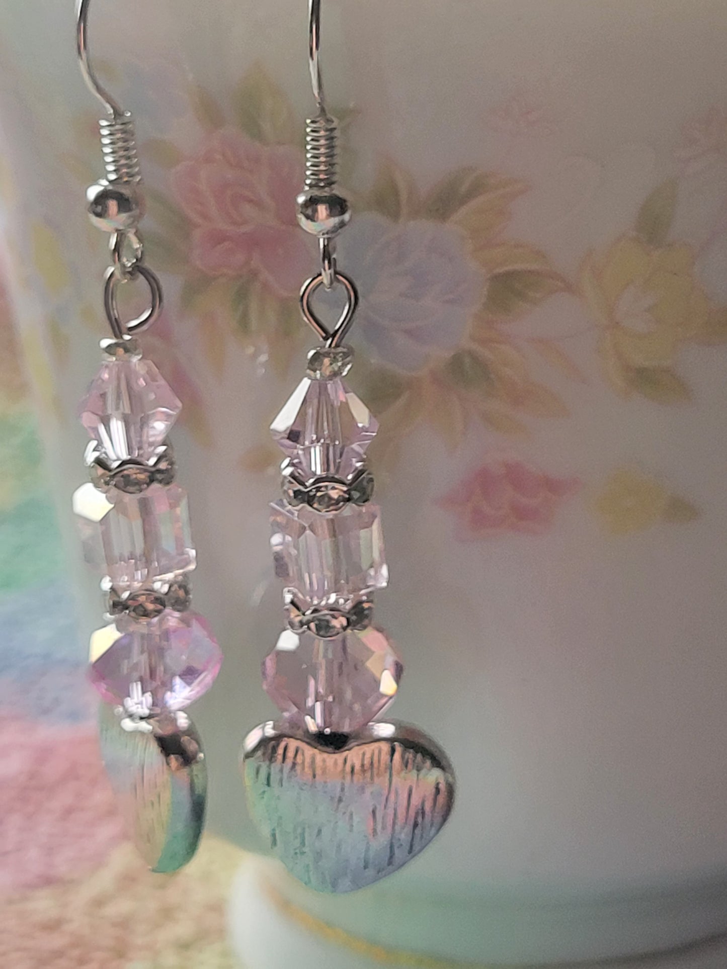 Artisan Elegant PINK Crystal Silver HEART Dangle Drop Earrings French Wire