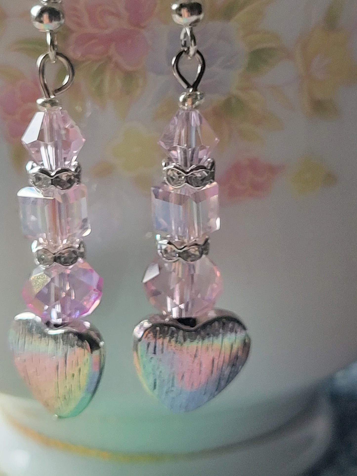 Artisan Elegant PINK Crystal Silver HEART Dangle Drop Earrings French Wire
