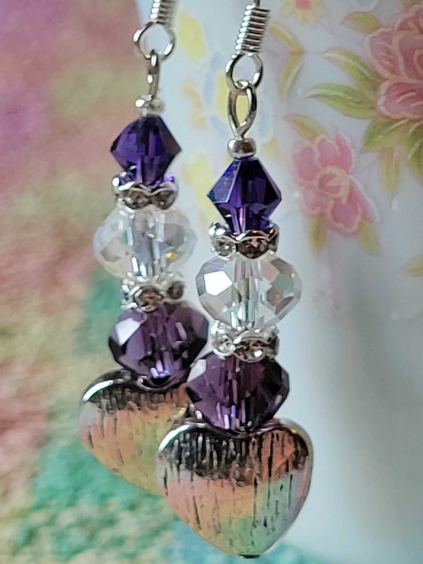 Artisan Elegant PURPLE Crystal Silver HEART Dangle Drop Earrings French Wire