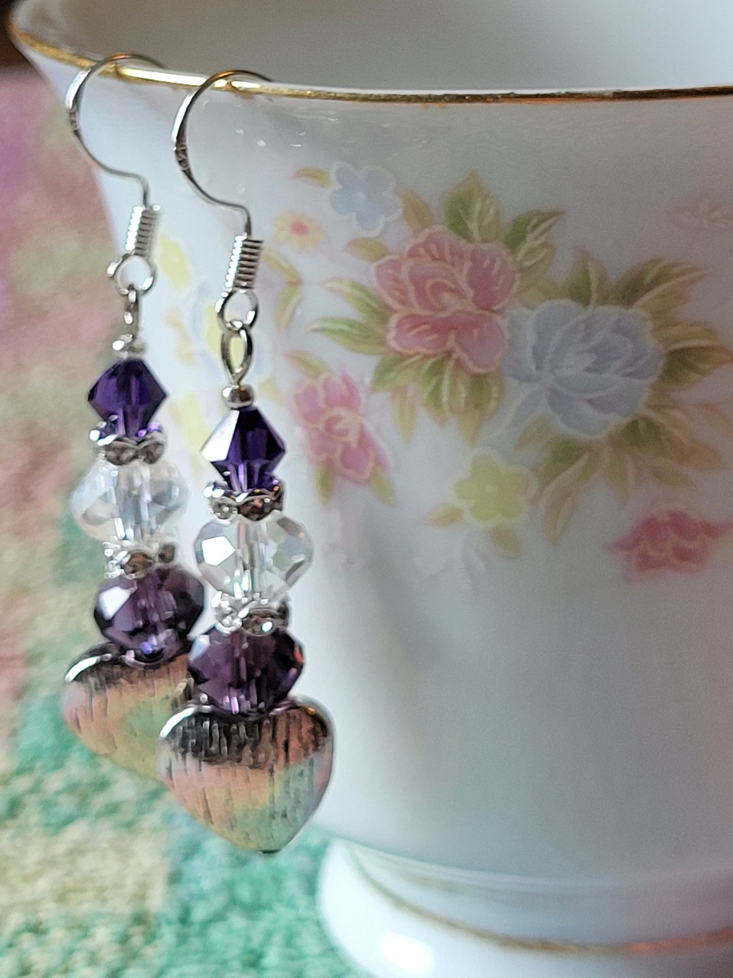Artisan Elegant PURPLE Crystal Silver HEART Dangle Drop Earrings French Wire