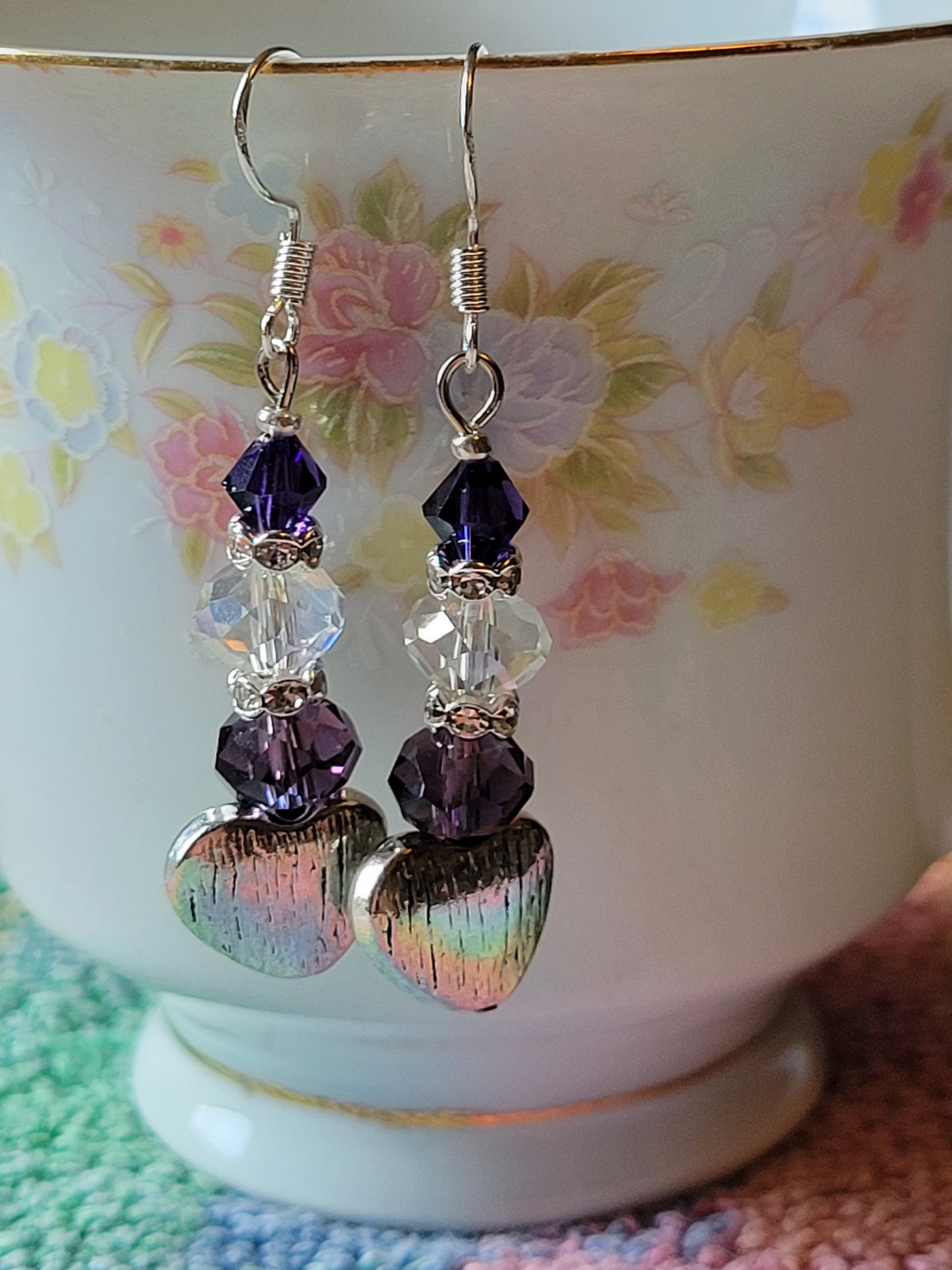 Artisan Elegant PURPLE Crystal Silver HEART Dangle Drop Earrings French Wire