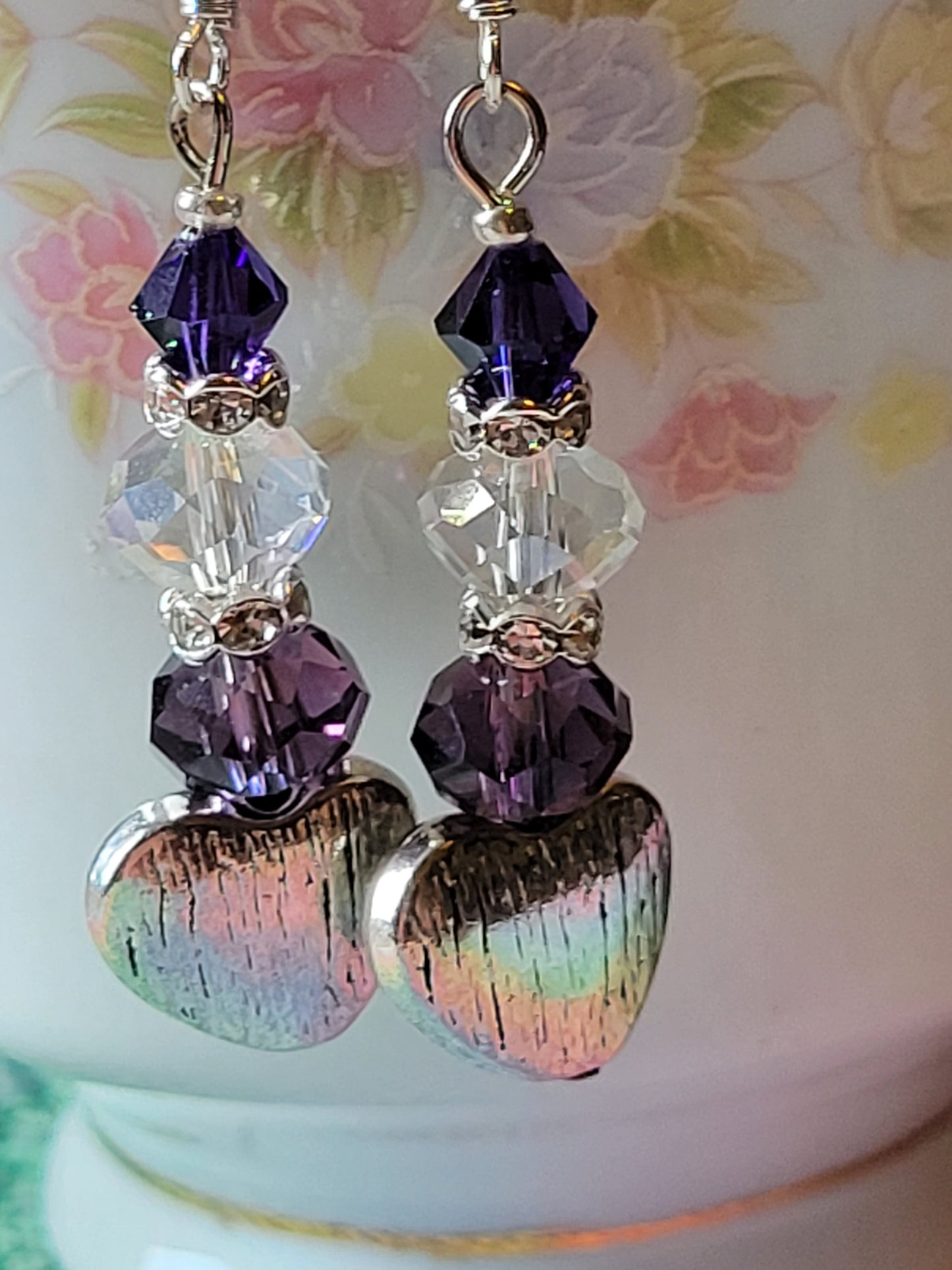 Artisan Elegant PURPLE Crystal Silver HEART Dangle Drop Earrings French Wire
