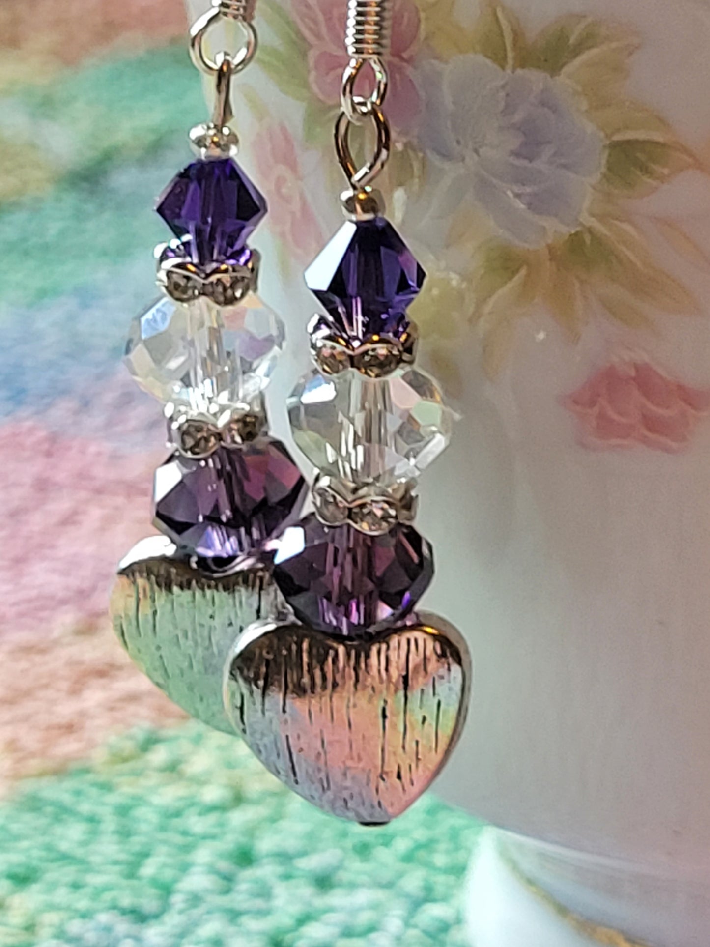 Artisan Elegant PURPLE Crystal Silver HEART Dangle Drop Earrings French Wire