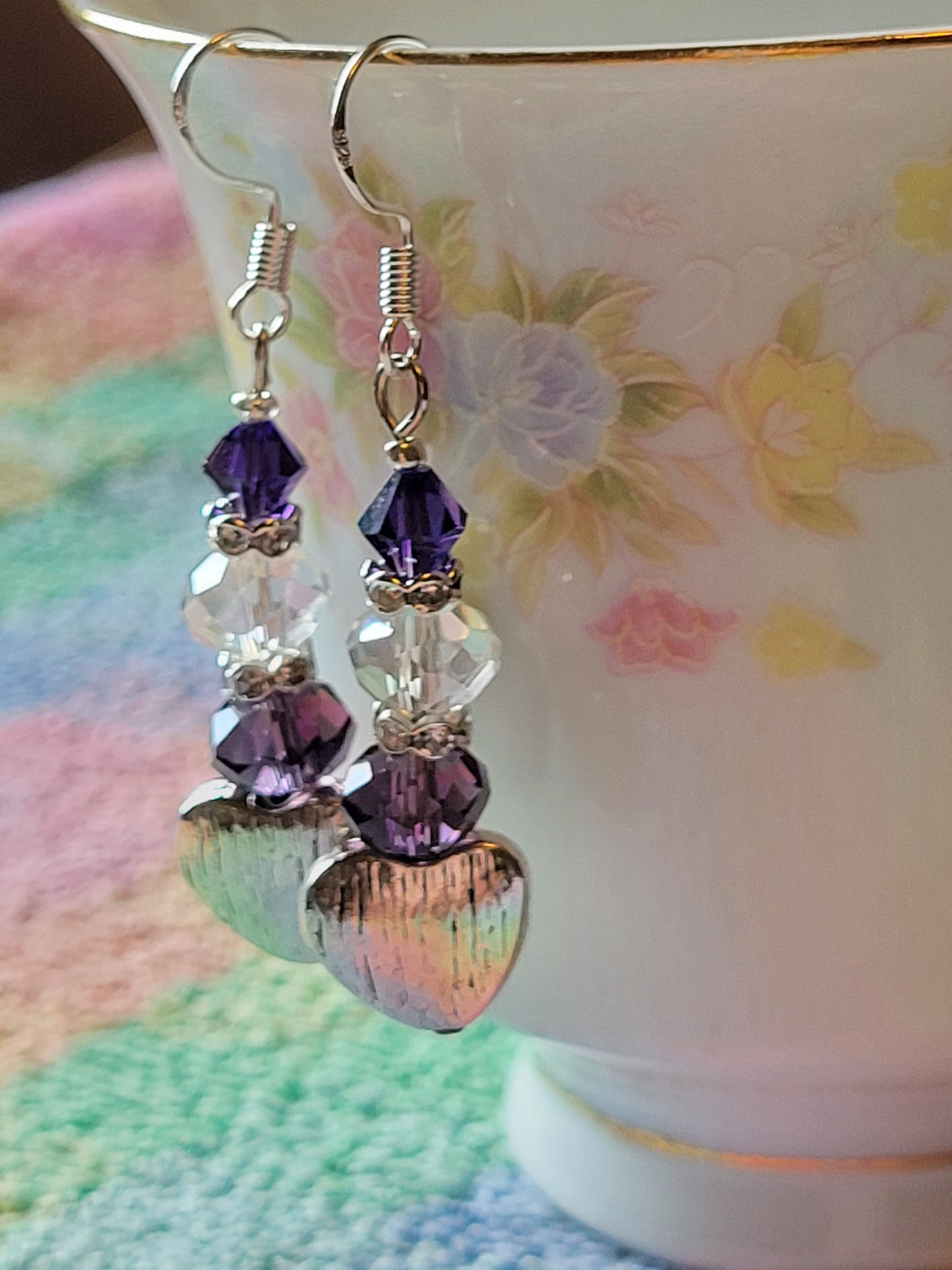 Artisan Elegant PURPLE Crystal Silver HEART Dangle Drop Earrings French Wire